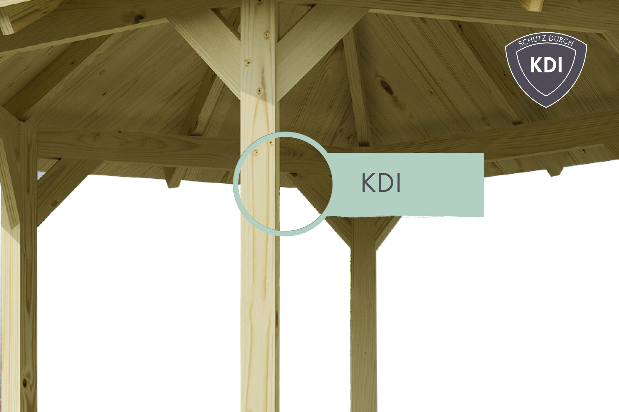 Detailansicht der KDI-imprägnierten Massivholzpfosten und Dachkonstruktion eines Karibu Pavillons