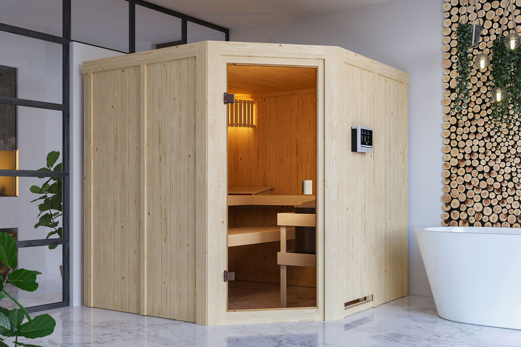 Karibu Sauna Kotka als hochwertige Sauna aus nordischer Fichte im Wohnraum-Ambiente