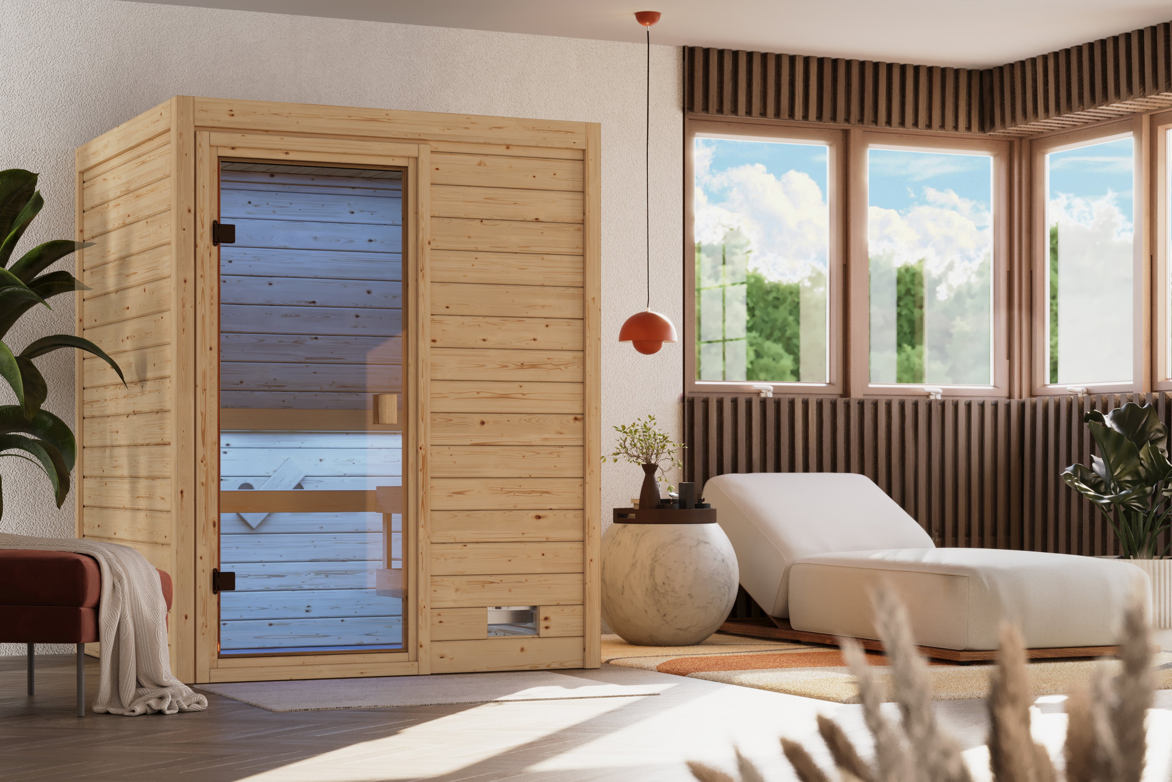 Karibu Sauna Ria als stimmungsvoller Wellnessbereich in einem modern eingerichteten Wohnraum