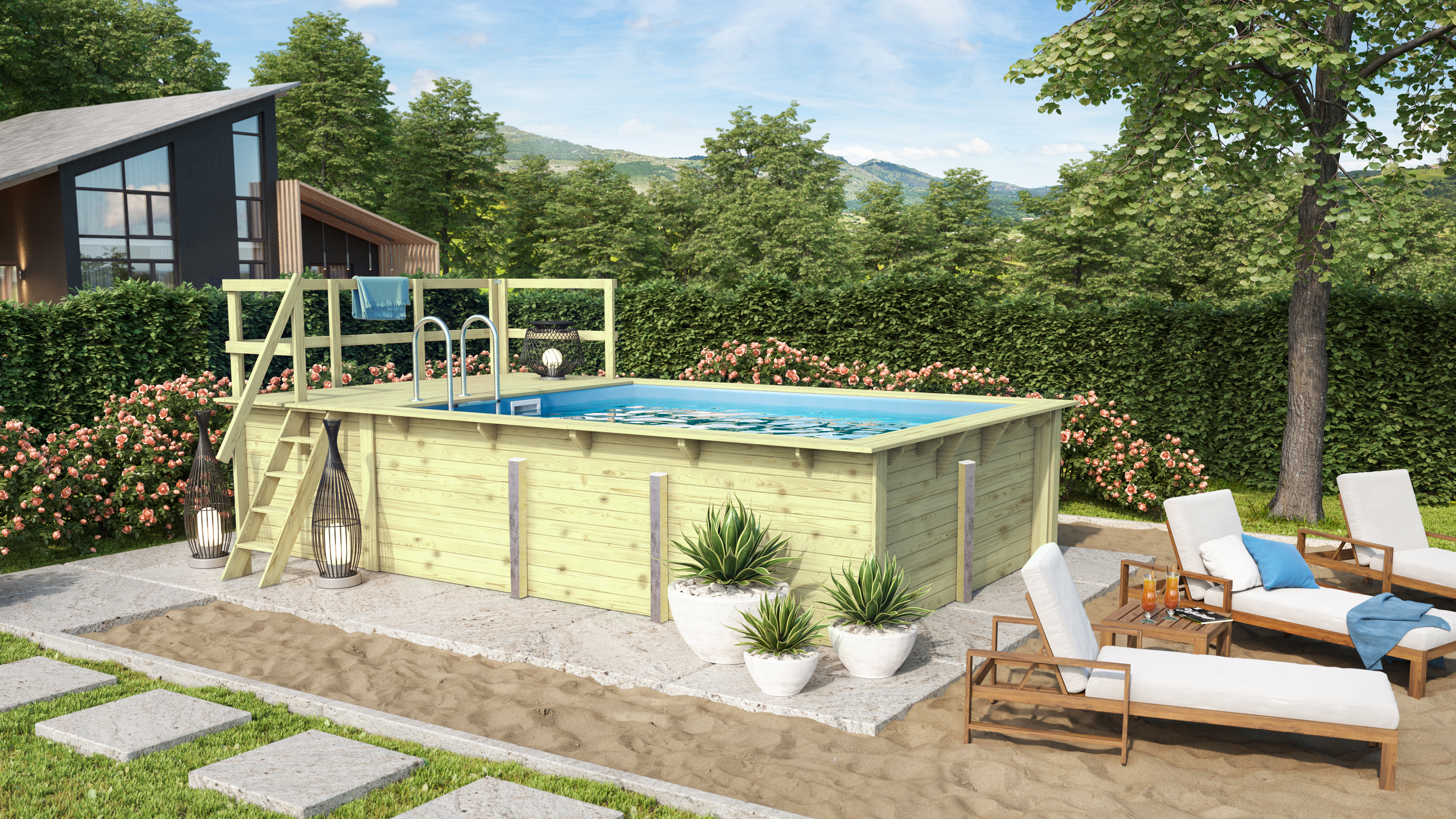 Karibu Rechteck Pool 2 mit Anbaudach im Garten