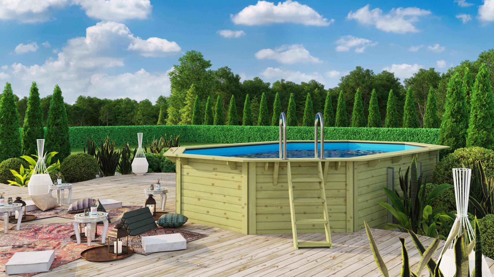 Karibu Pool Modell X4 mit Anbaudach im Garten