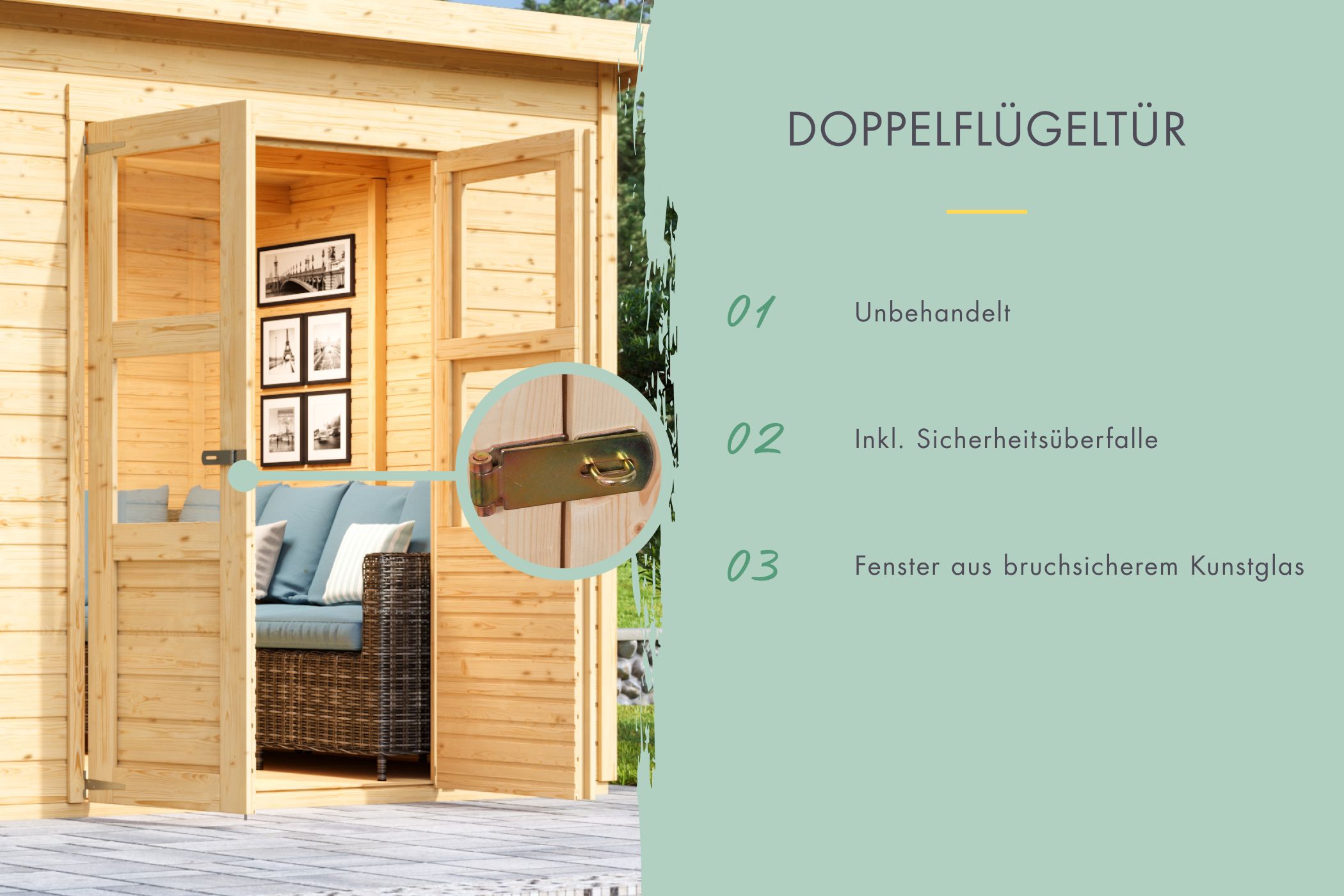 Doppelflügeltür des Karibu Gerätehaus Merseburg 3 mit Zylinderschloss und Kunstglas