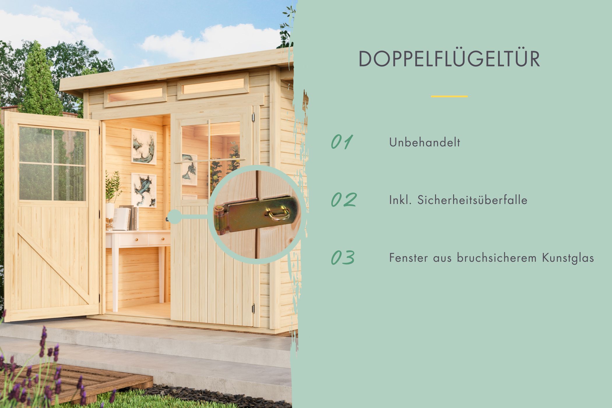 Doppelflügeltür des Karibu Gerätehaus Glücksburg 2 mit Zylinderschloss und Kunstglas