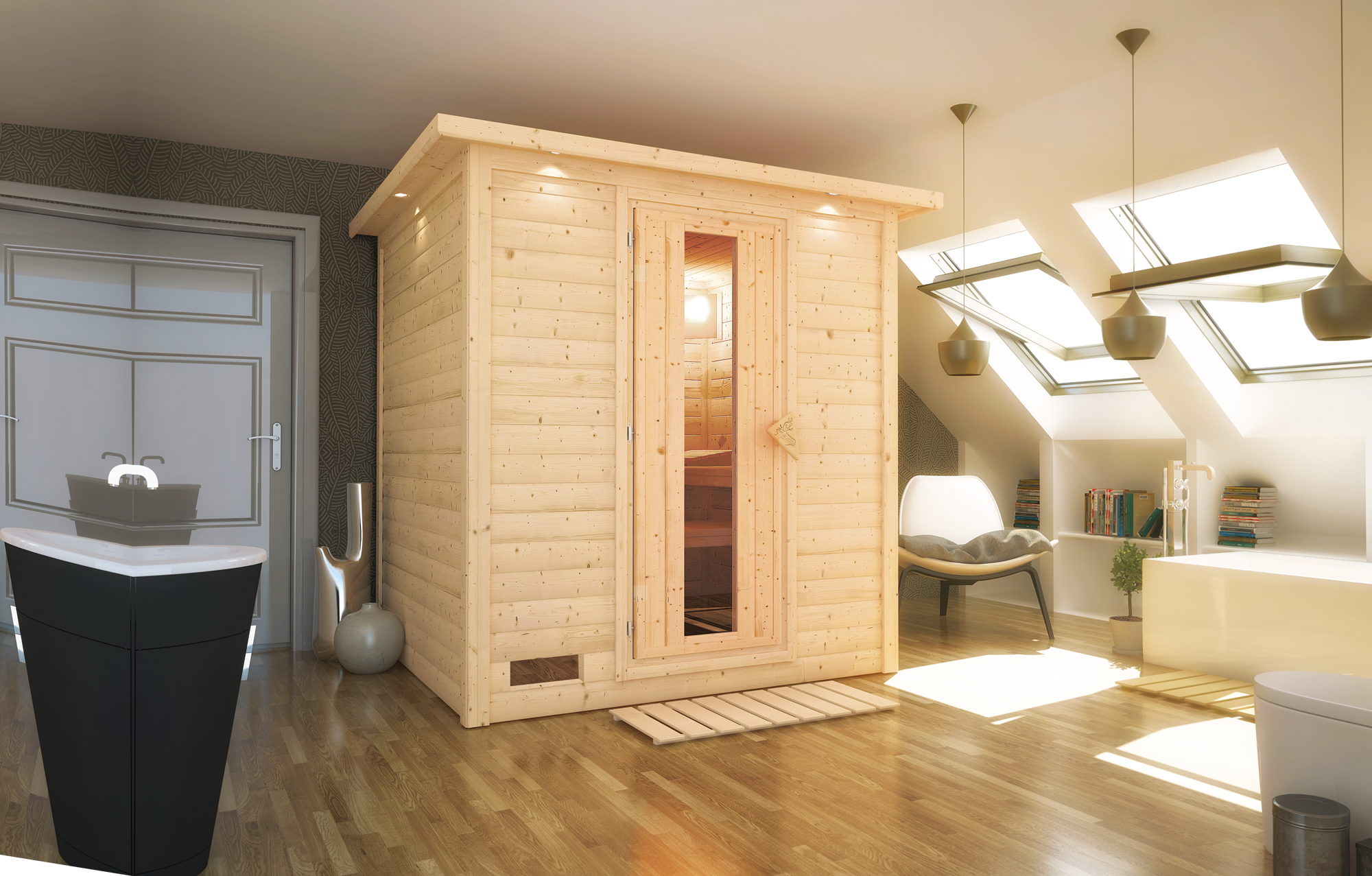 Karibu Sauna Mojave als hochwertige Sauna aus nordischer Fichte im Wohnraum-Ambiente