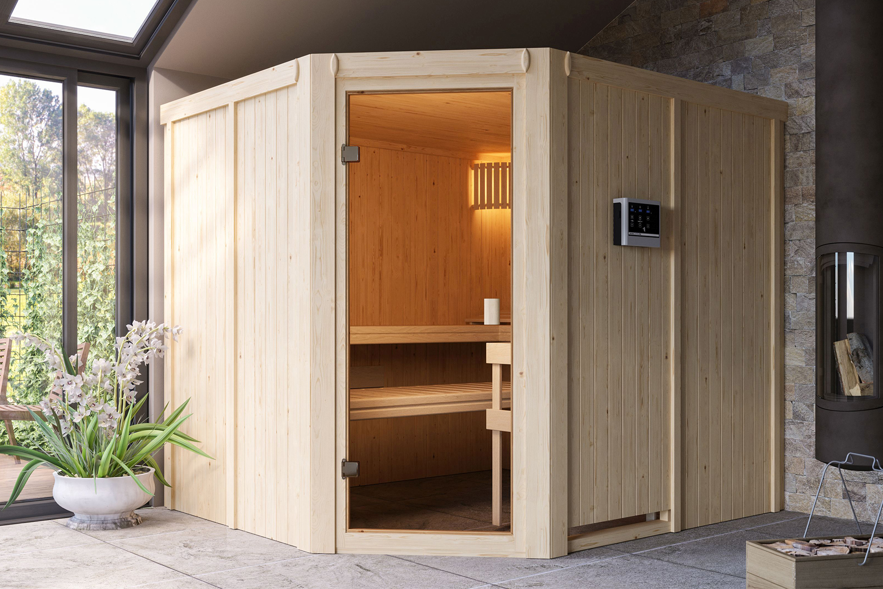 Karibu Sauna Horna als hochwertige Sauna aus nordischer Fichte im Wohnraum-Ambiente