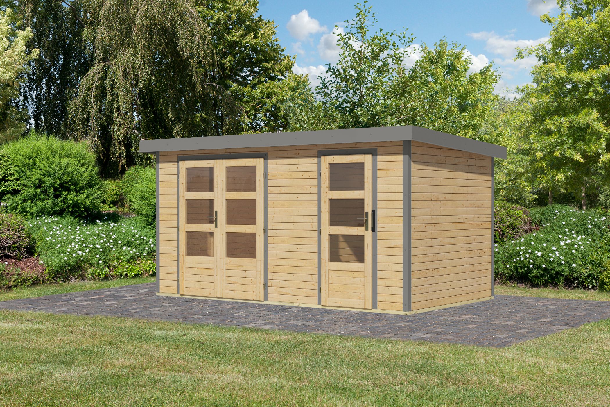 Karibu großes Gartenhaus Holz & Metall Merkur in Naturbelassen mit Metall in Graualuminium, Außenansicht