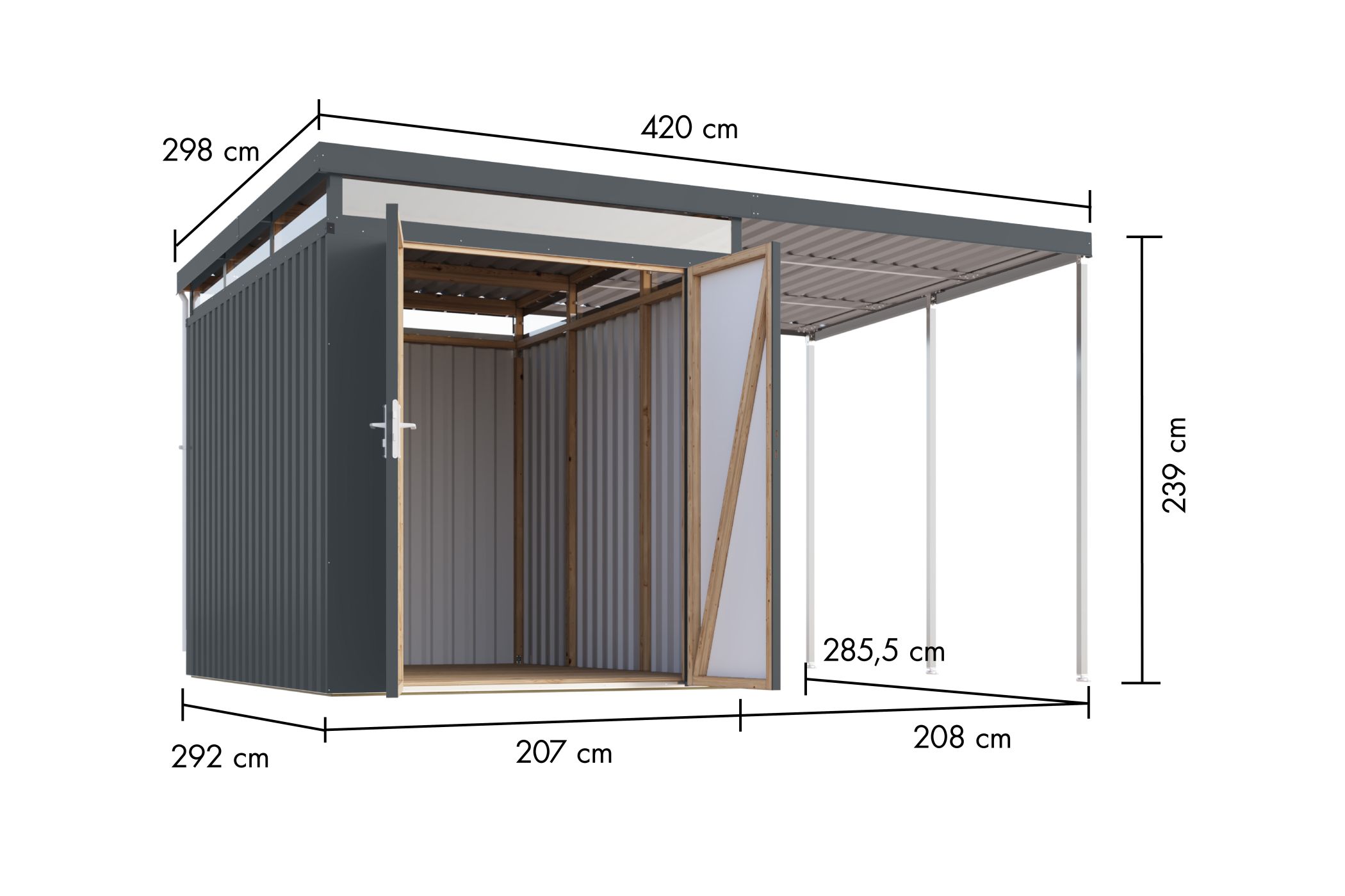 Bemaßte Maßzeichnung des Karibu Gerätehaus aus Metall Aurum 2,5, 414 × 292 cm
