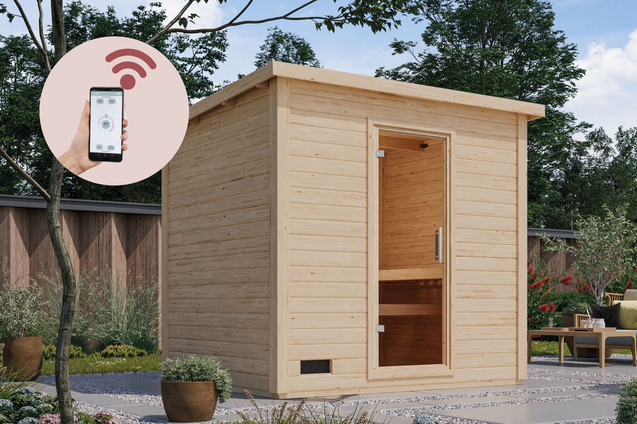 Karibu Saunahaus Hytti 3 Exclusive naturbelassen / + Ofen und HUUM WIFI Steuergerät Sparset als Gartensauna aus Massivholz