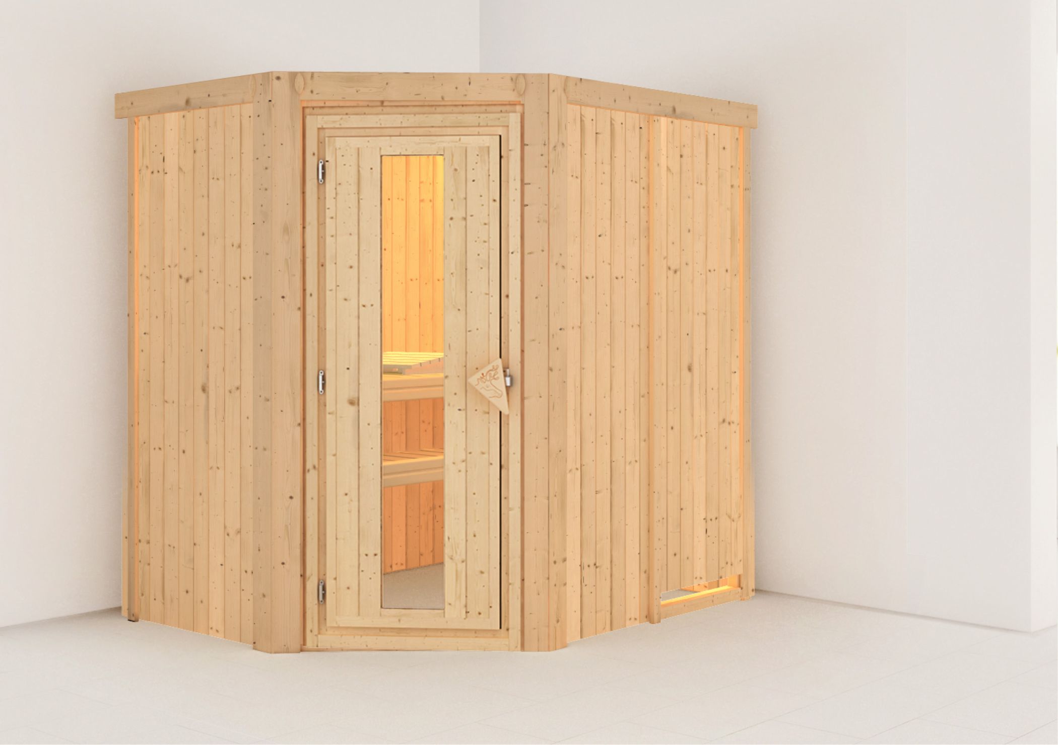 Außenansicht der Karibu Sauna Saja aus nordischer Fichte mit isolierter Holztür und Fronteinstieg