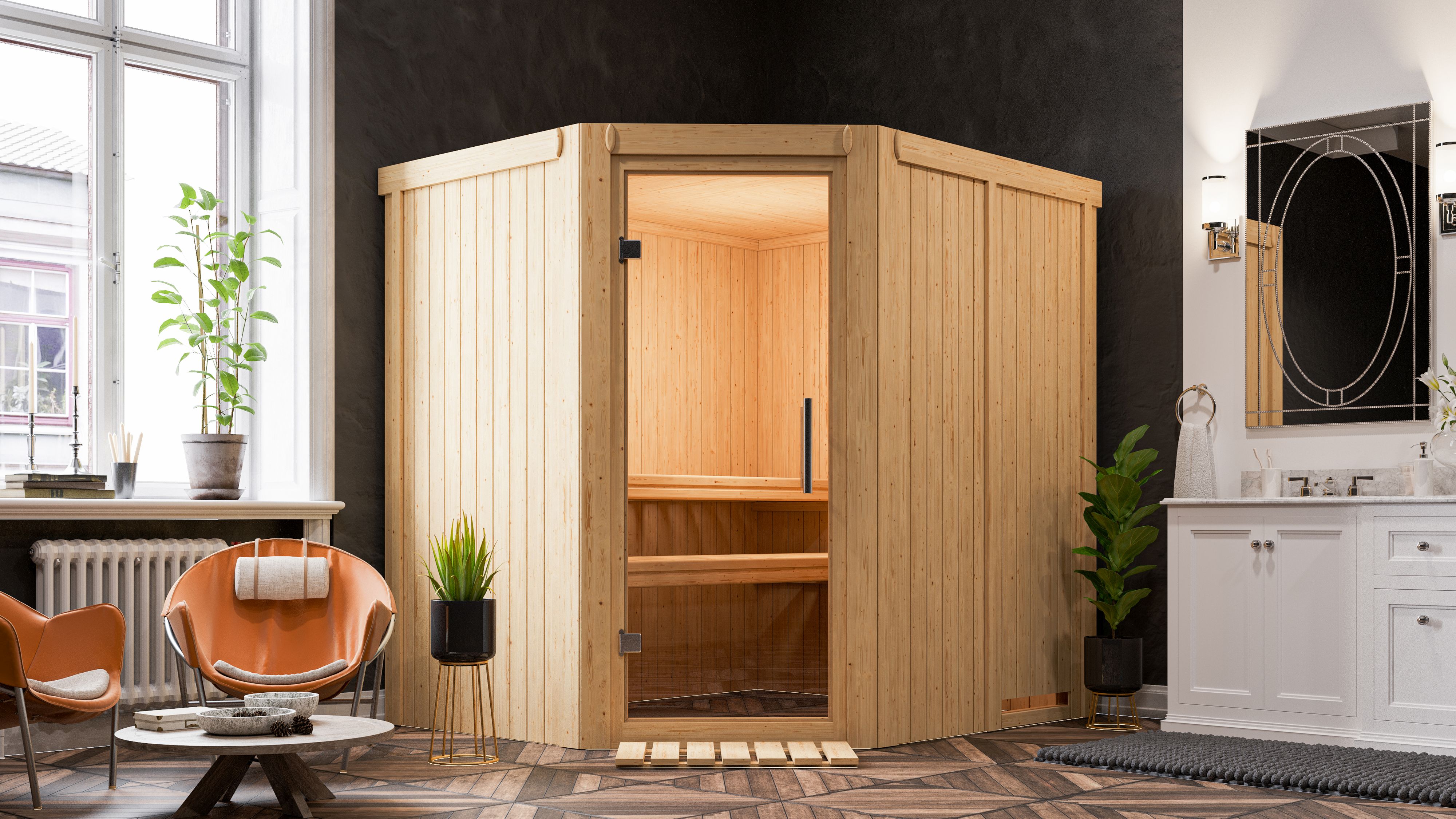 Karibu Sauna Siirin als hochwertige Sauna aus nordischer Fichte im Wohnraum-Ambiente