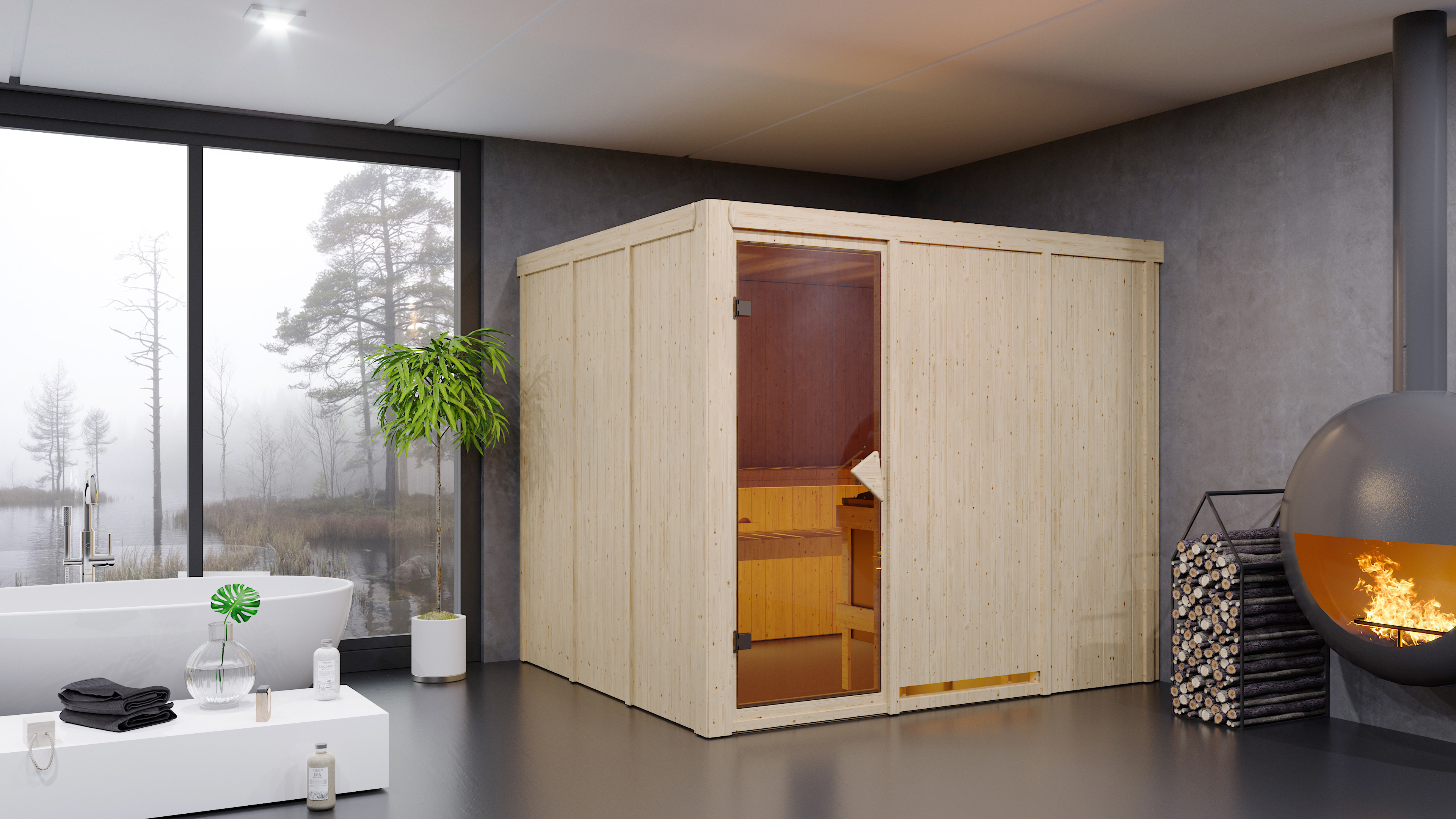 Karibu Sauna Gobin als stimmungsvoller Wellnessbereich in einem modern eingerichteten Wohnraum