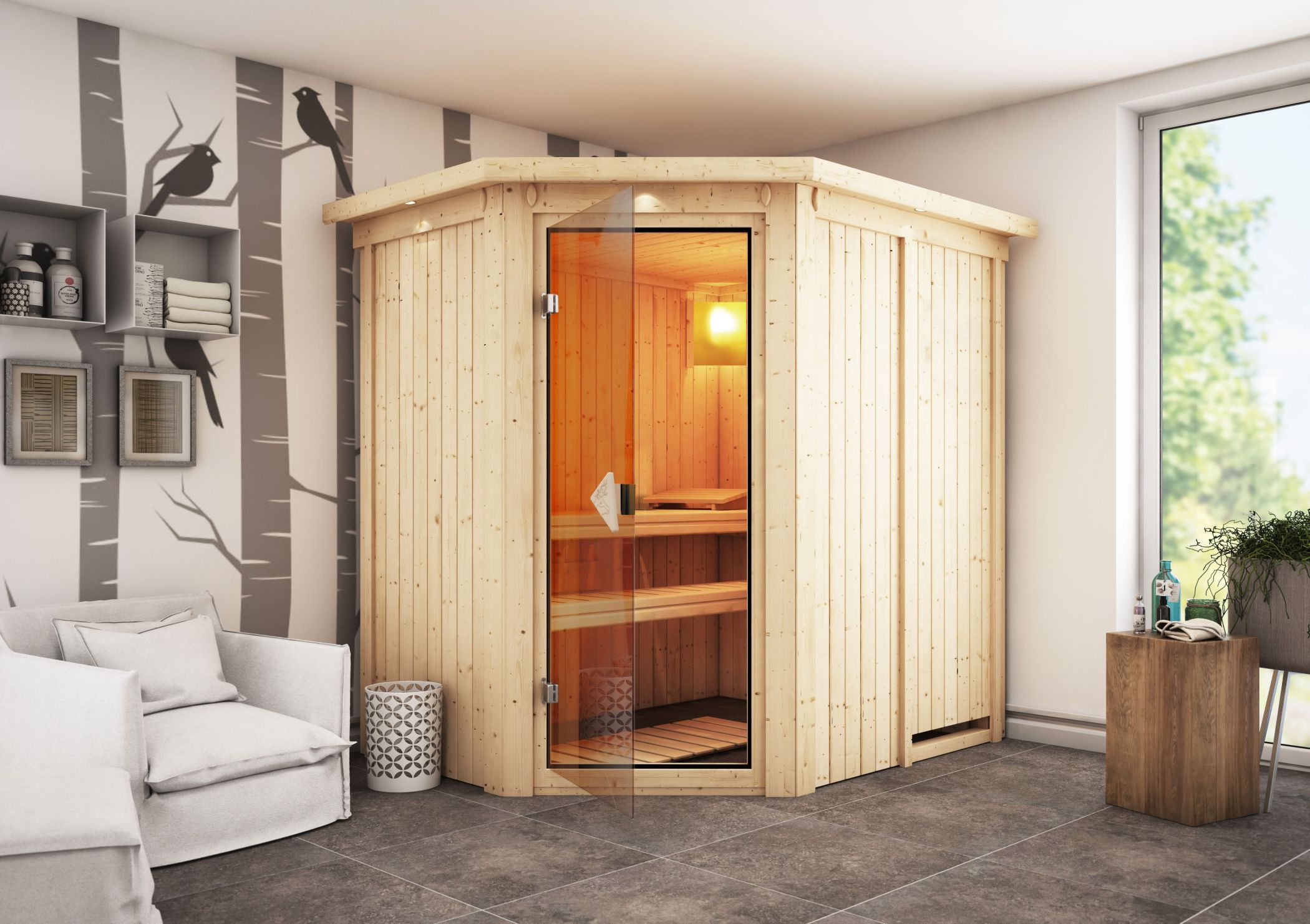 Karibu Sauna Saja als hochwertige Sauna aus nordischer Fichte im Wohnraum-Ambiente