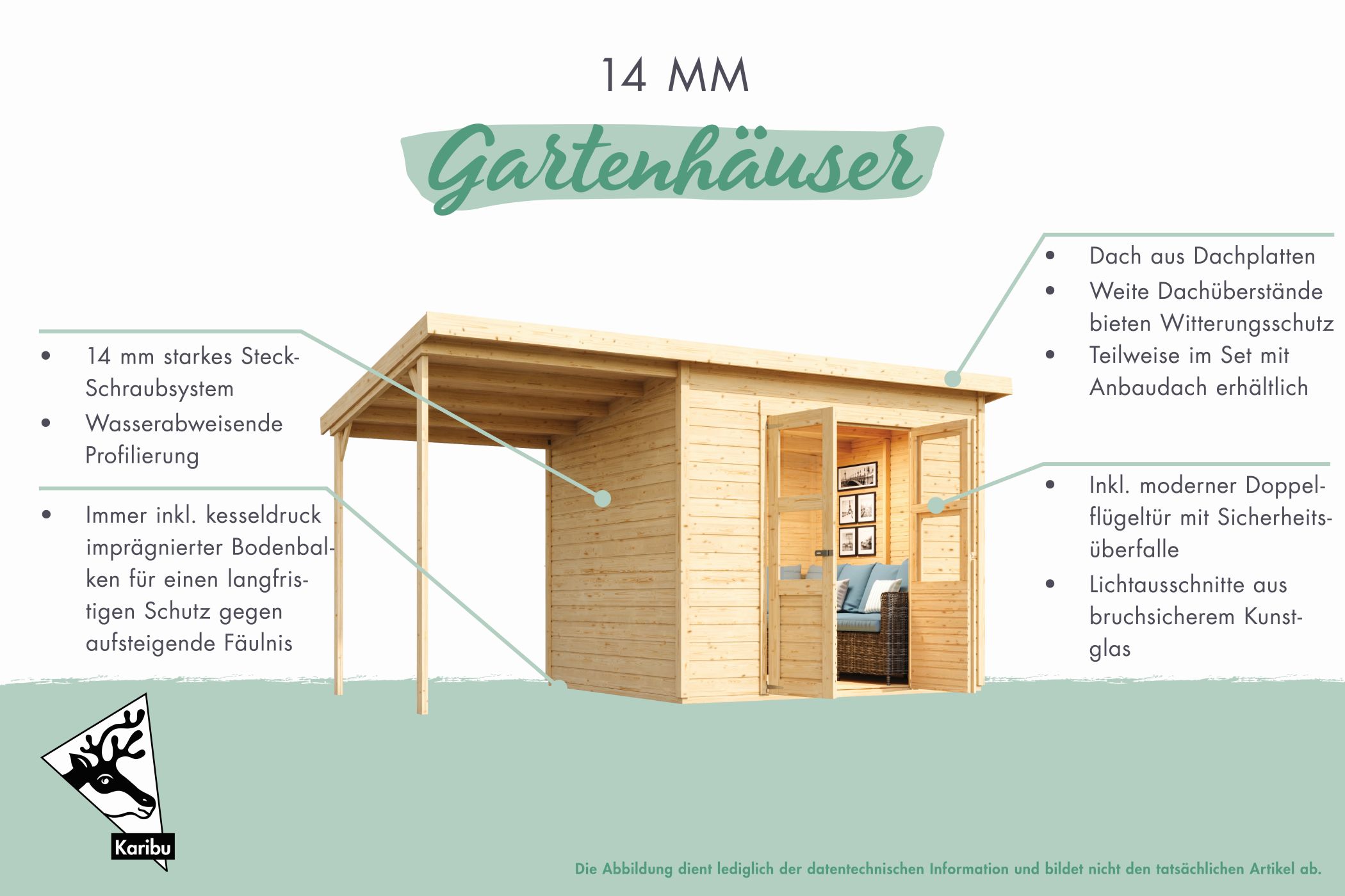 Ausstattungsübersicht des Karibu Gerätehaus Merseburg 3 in 14-mm-Blockbohlenbauweise mit Doppelflügeltür und Massivholzdach