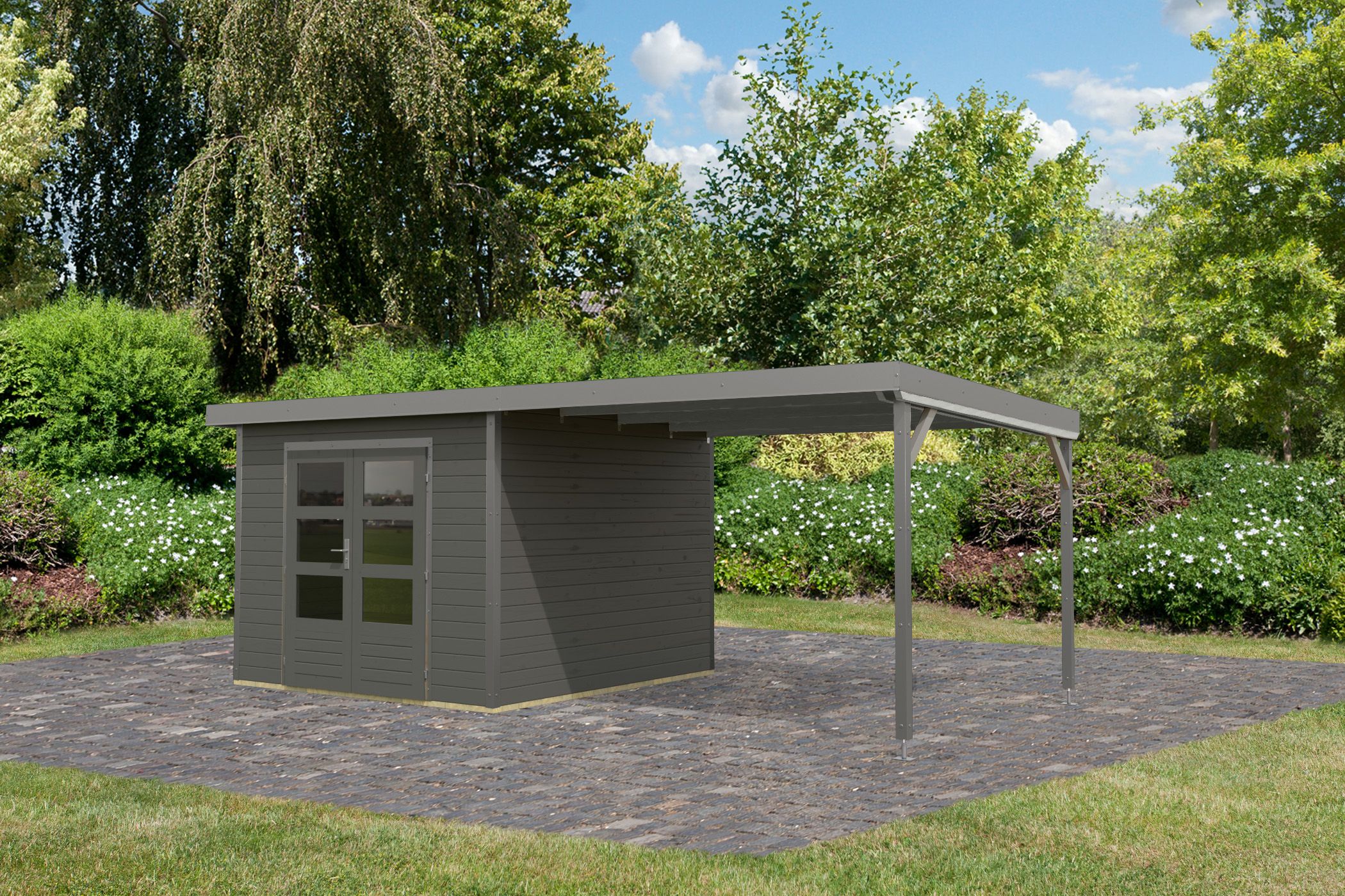 Karibu Gartenhaus Holz & Metall Pluto 6 in Terragrau mit Metall in Graualuminium und Anbaudach, Außenansicht
