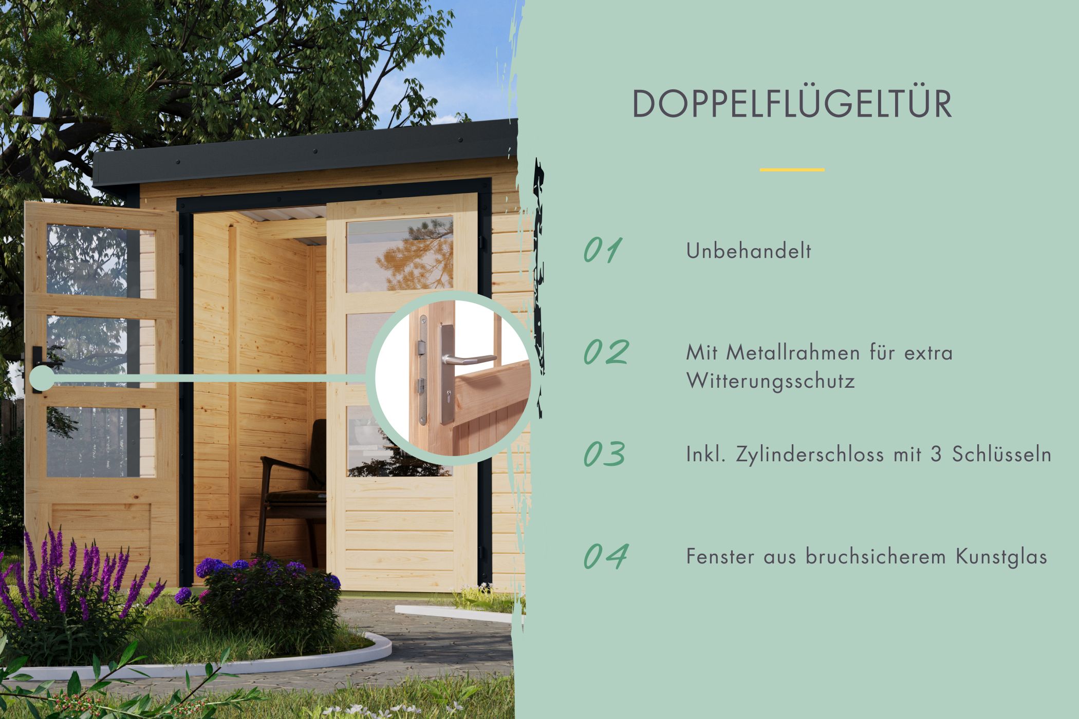 Doppelflügeltür des Karibu Gartenhaus Holz & Metall Pluto 3 mit Zylinderschloss und Kunstglas