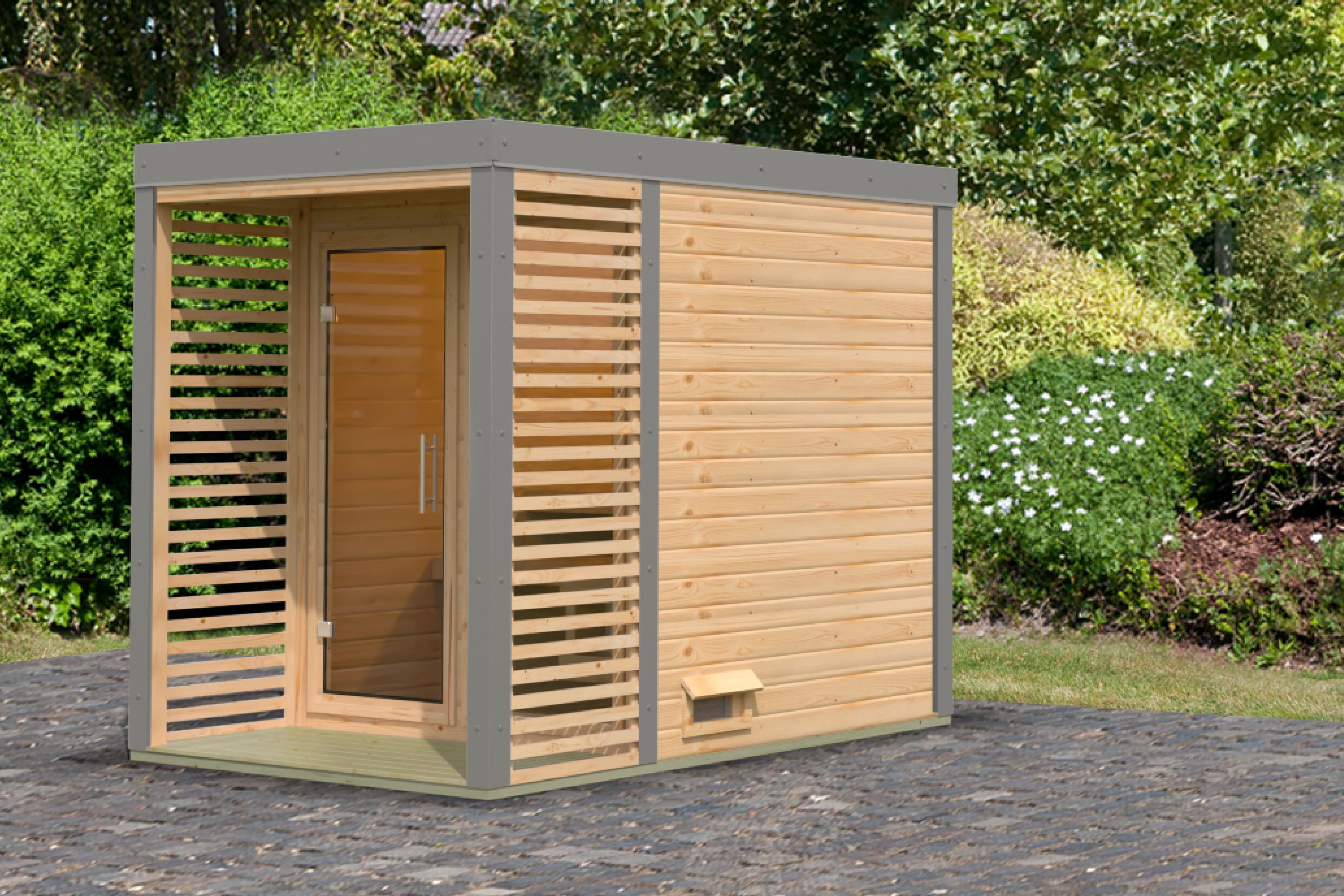 Karibu Saunahaus Ares 1 als Gartensauna aus Massivholz im Garten mit Glasfront
