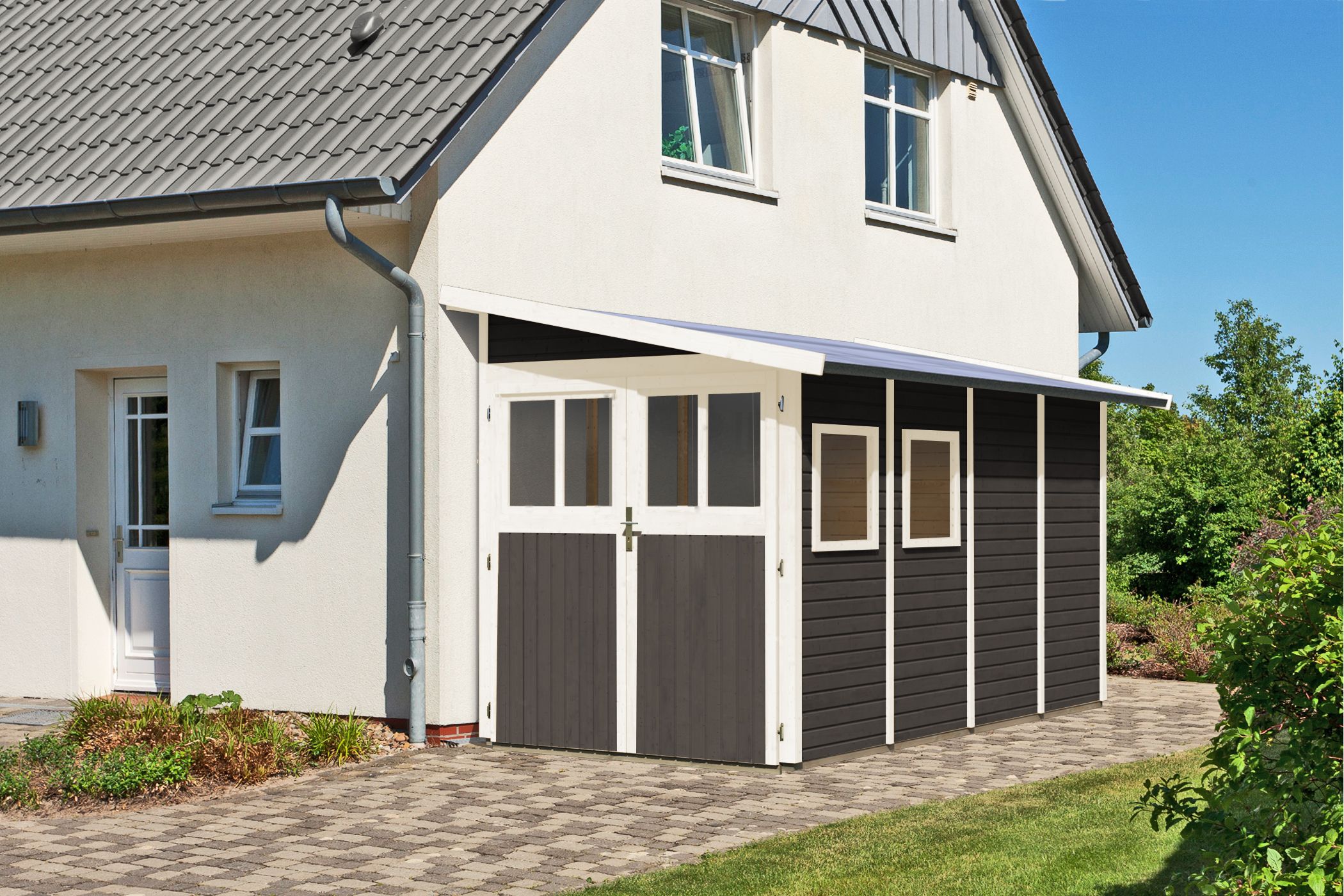 Karibu Gerätehaus Wandlitz 4 in Terragrau, Außenansicht