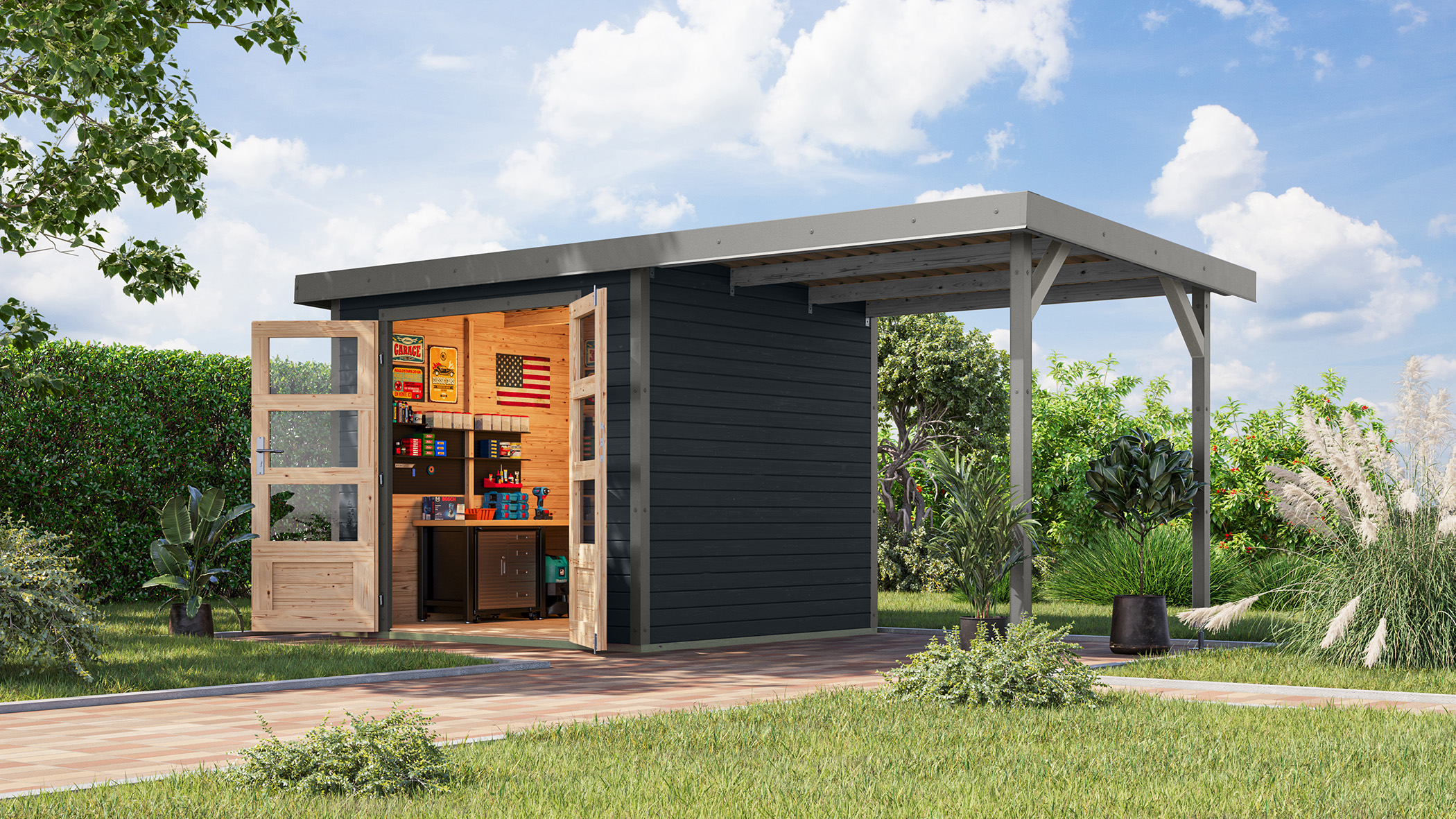 Karibu Gartenhaus Holz & Metall Jupiter 3 in Anthrazit mit Metall in Graualuminium und Anbaudach im Garten
