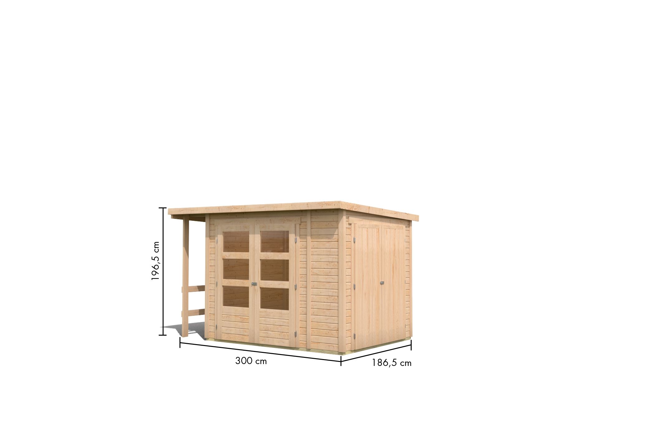 Bemaßte Maßzeichnung des Karibu Gerätehaus Multifunktionshaus Pultdach 19mm, 300 × 186 cm