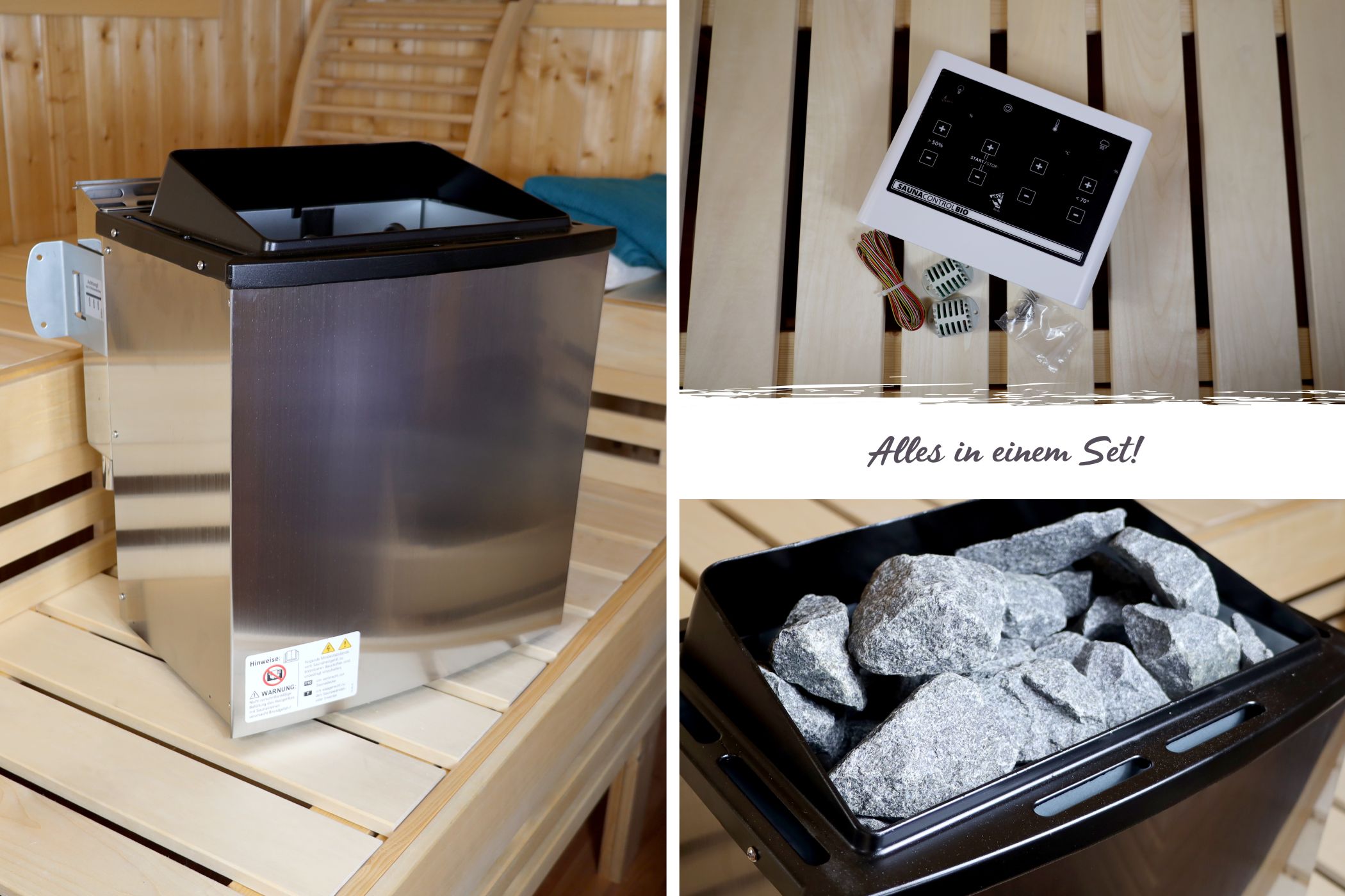 Karibu Saunahaus Hytti 3 als Gartensauna aus Massivholz im Garten mit Glasfront