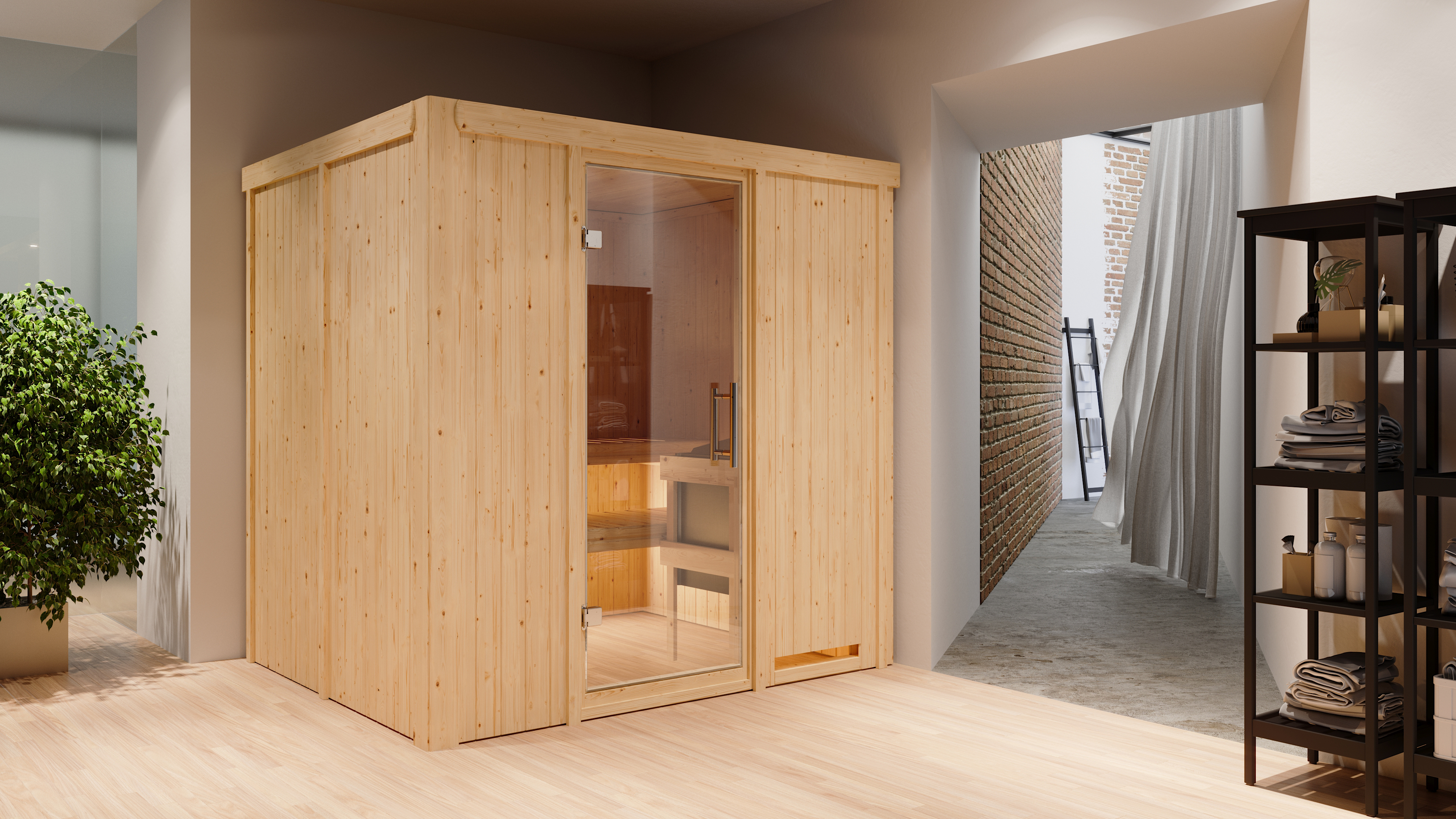 Karibu Sauna Sodin als stimmungsvoller Wellnessbereich in einem modern eingerichteten Wohnraum