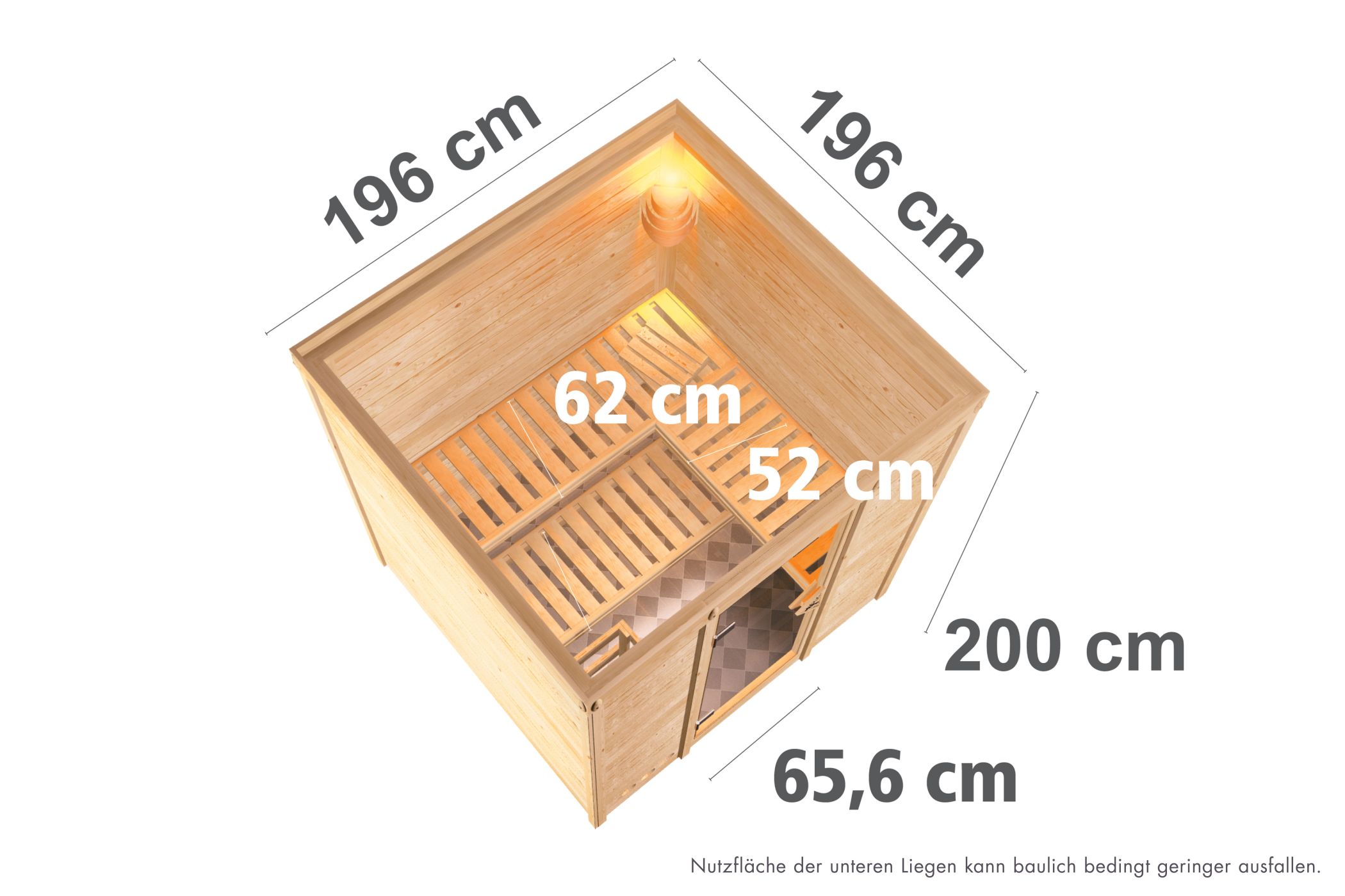 Maßzeichnung der Karibu Sauna Mojave mit Außenmaß 196 × 196 cm und Höhe 200 cm