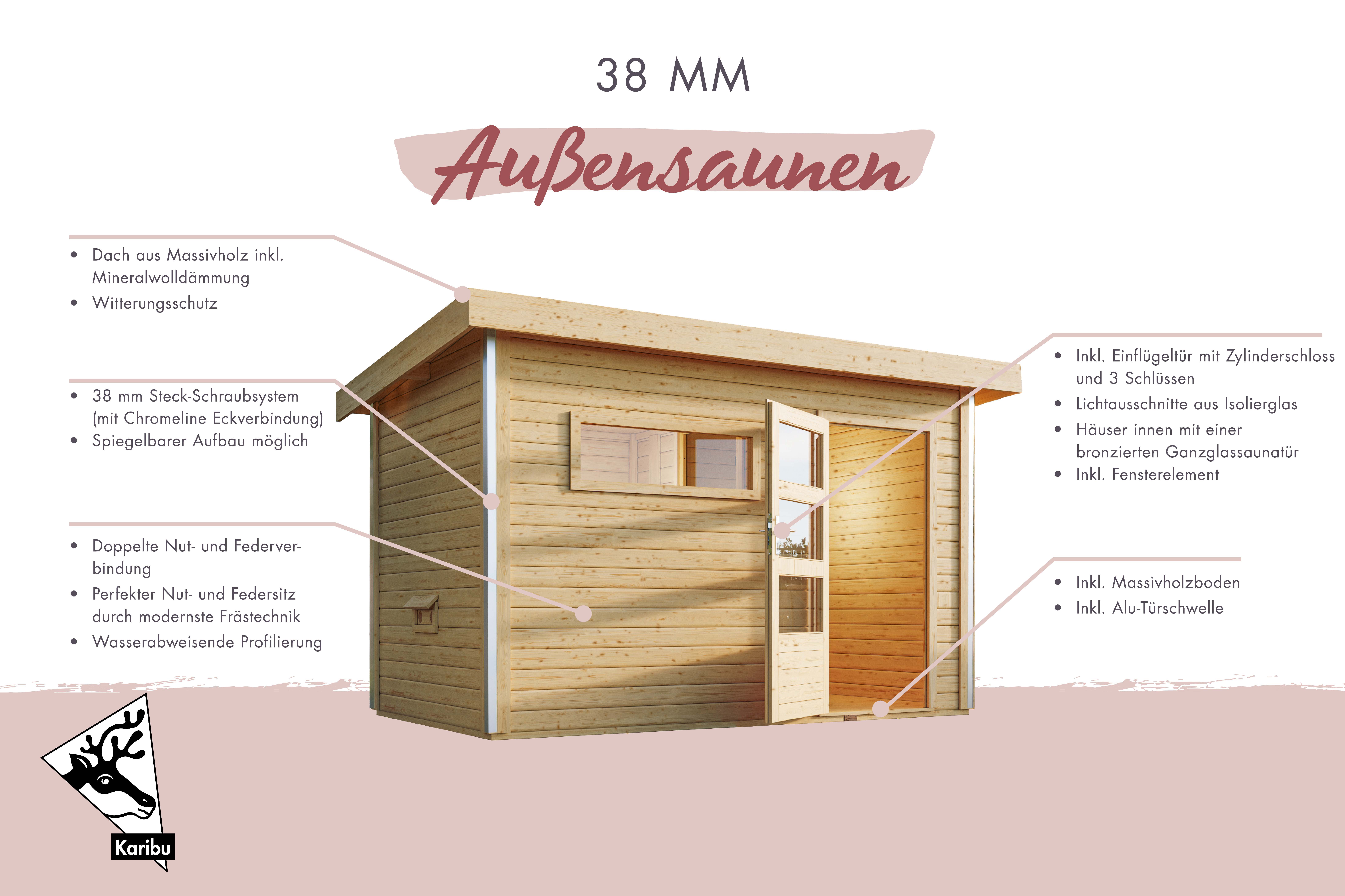 Karibu Saunahaus Skrollan 2 mit Vorraum als Gartensauna aus Massivholz im Garten mit Glasfront