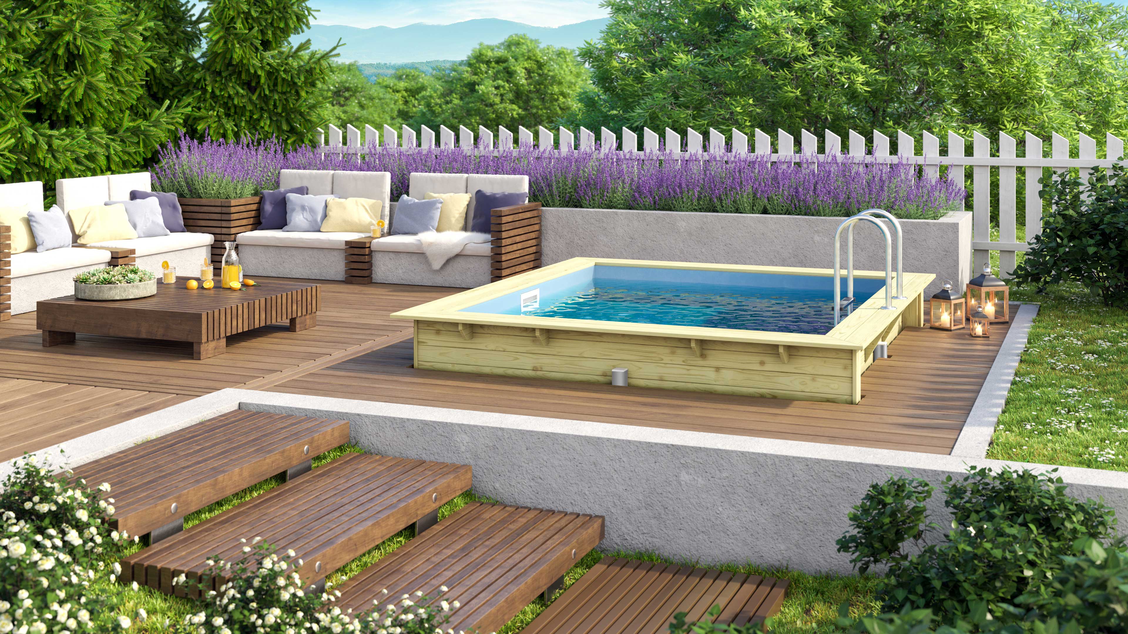 Karibu Rechteck Pool 1 mit Anbaudach im Garten