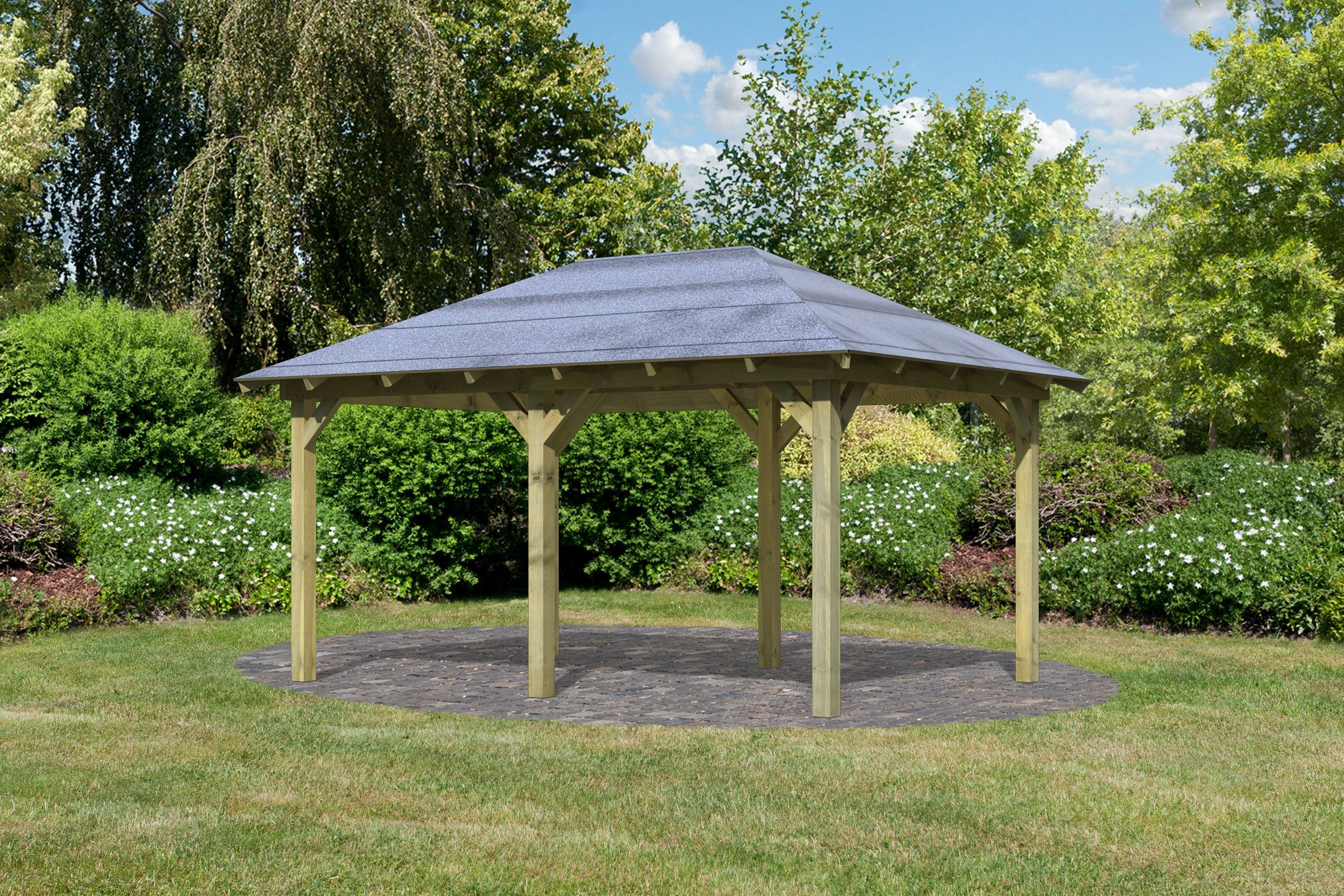 Außenansicht des Karibu Pavillon Perida aus KDI-Massivholz mit Walmdach im Garten aufgebaut