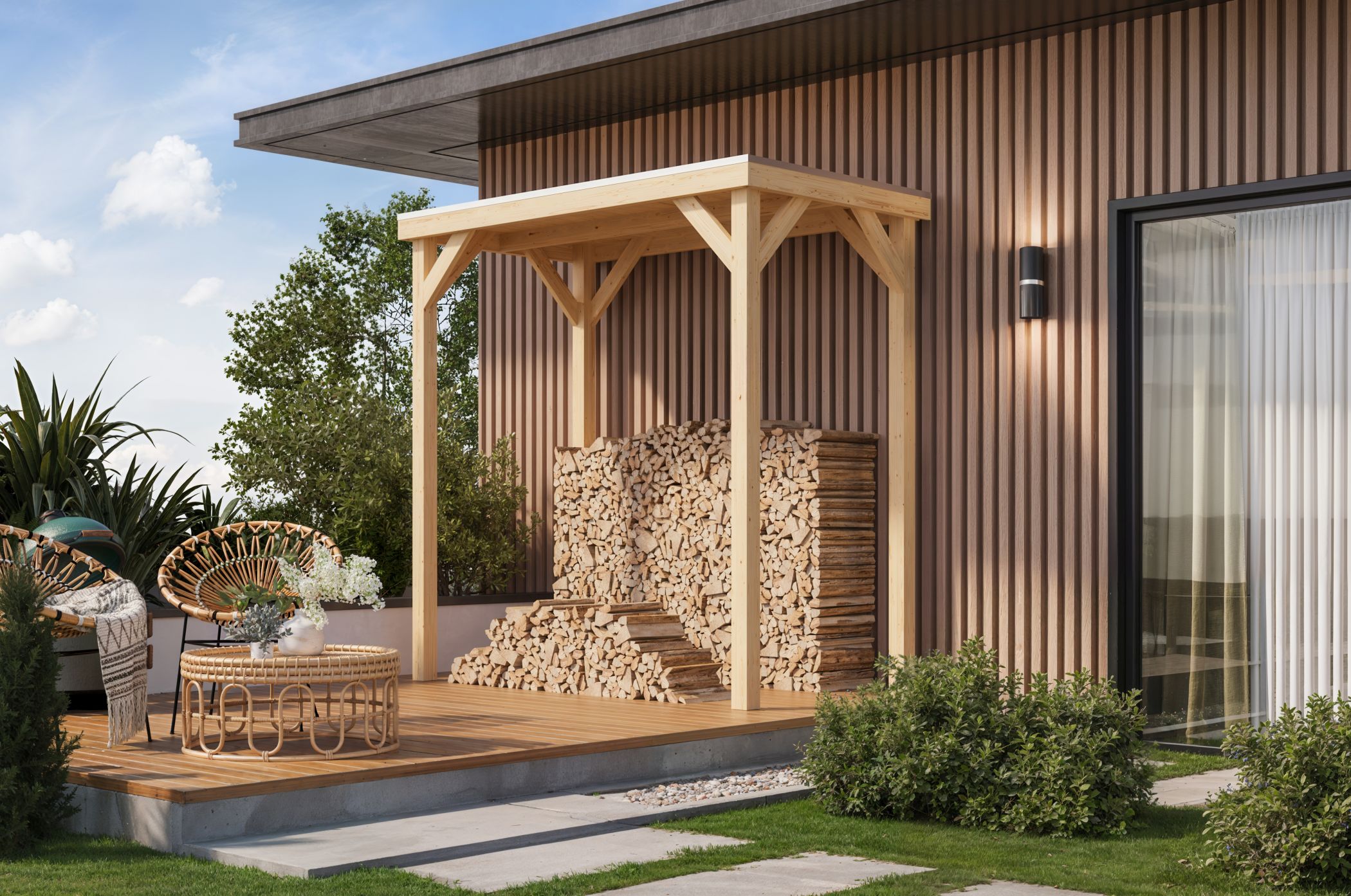 Karibu Cubeco Pavillon halb aus Leimholz mit Flachdach im Garten als Ambiente-Ansicht