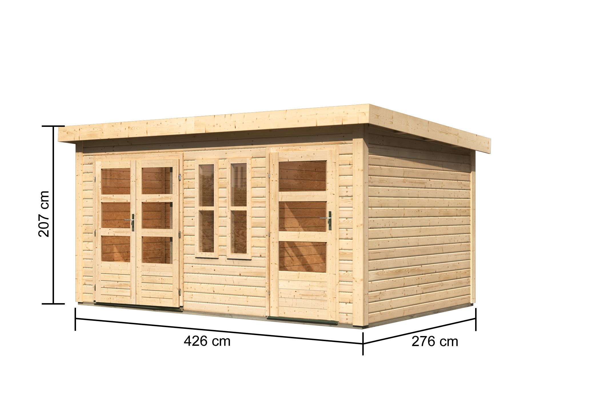 Bemaßte Maßzeichnung des Karibu Gartenhaus Schönbuch 2, 426 × 276 cm