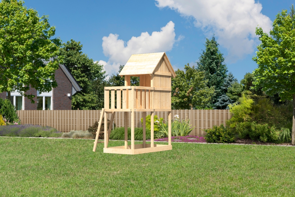 AKUBI Kinderspielhaus Frieda aus Fichtenholz mit Podest und Spielhaus, im Garten aufgebaut