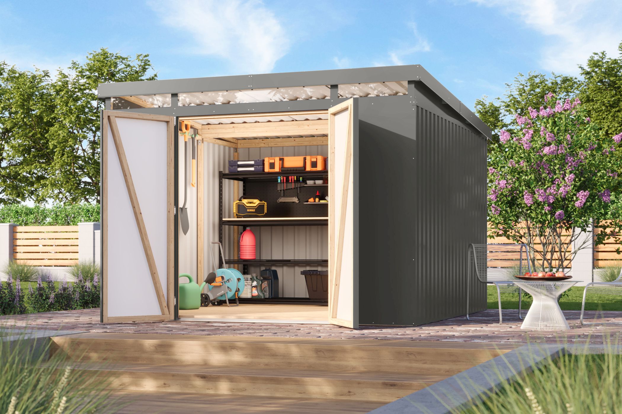 Karibu großes Gerätehaus aus Metall Iridium 3,5 in Graualuminium im Garten