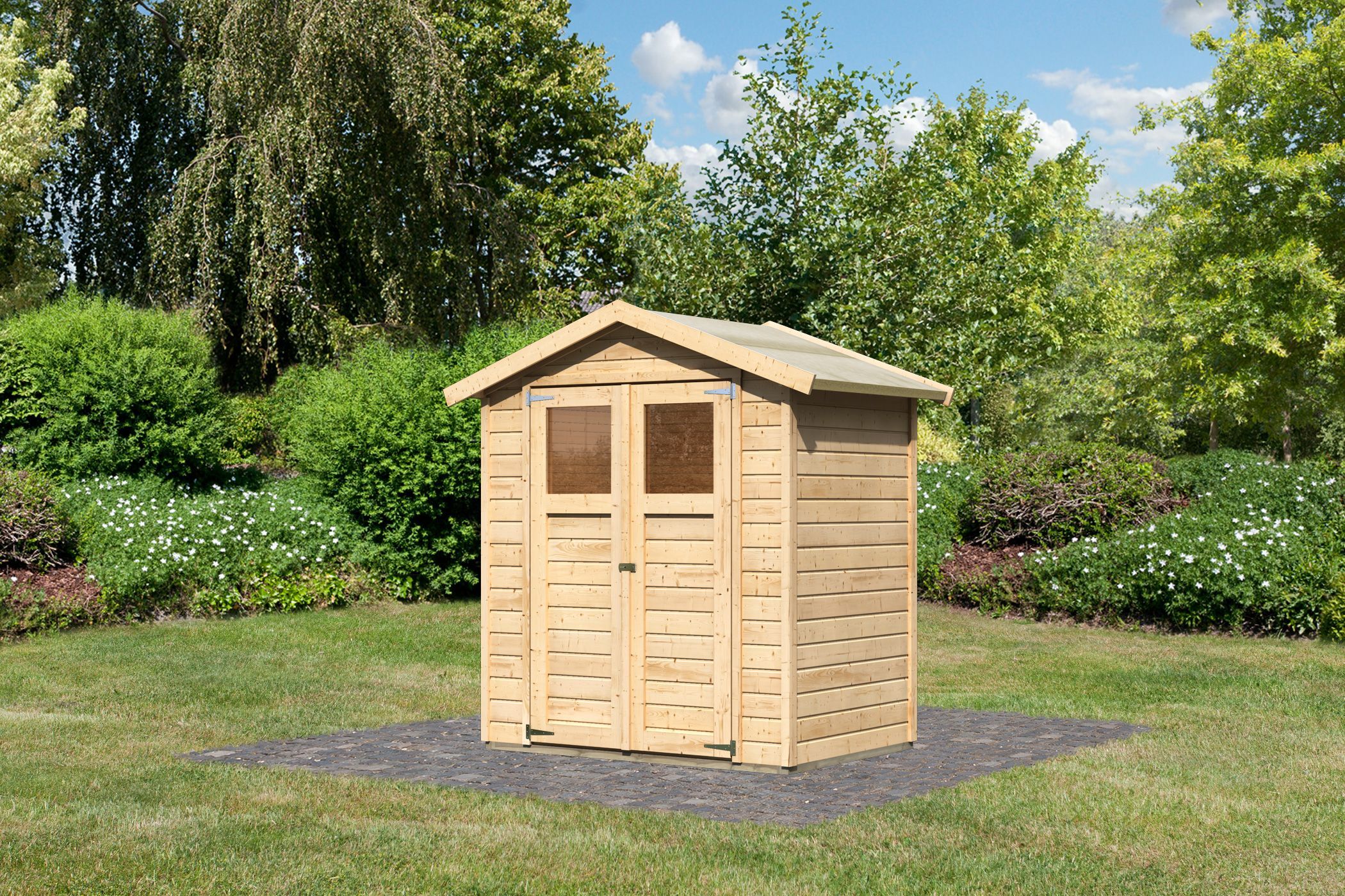 Karibu kleines Gerätehaus Dahme 1 aus Holz, im Garten aufgebaut