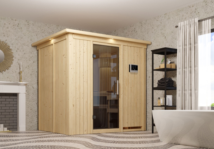 Karibu Sauna Fanja als hochwertige Sauna aus nordischer Fichte im Wohnraum-Ambiente
