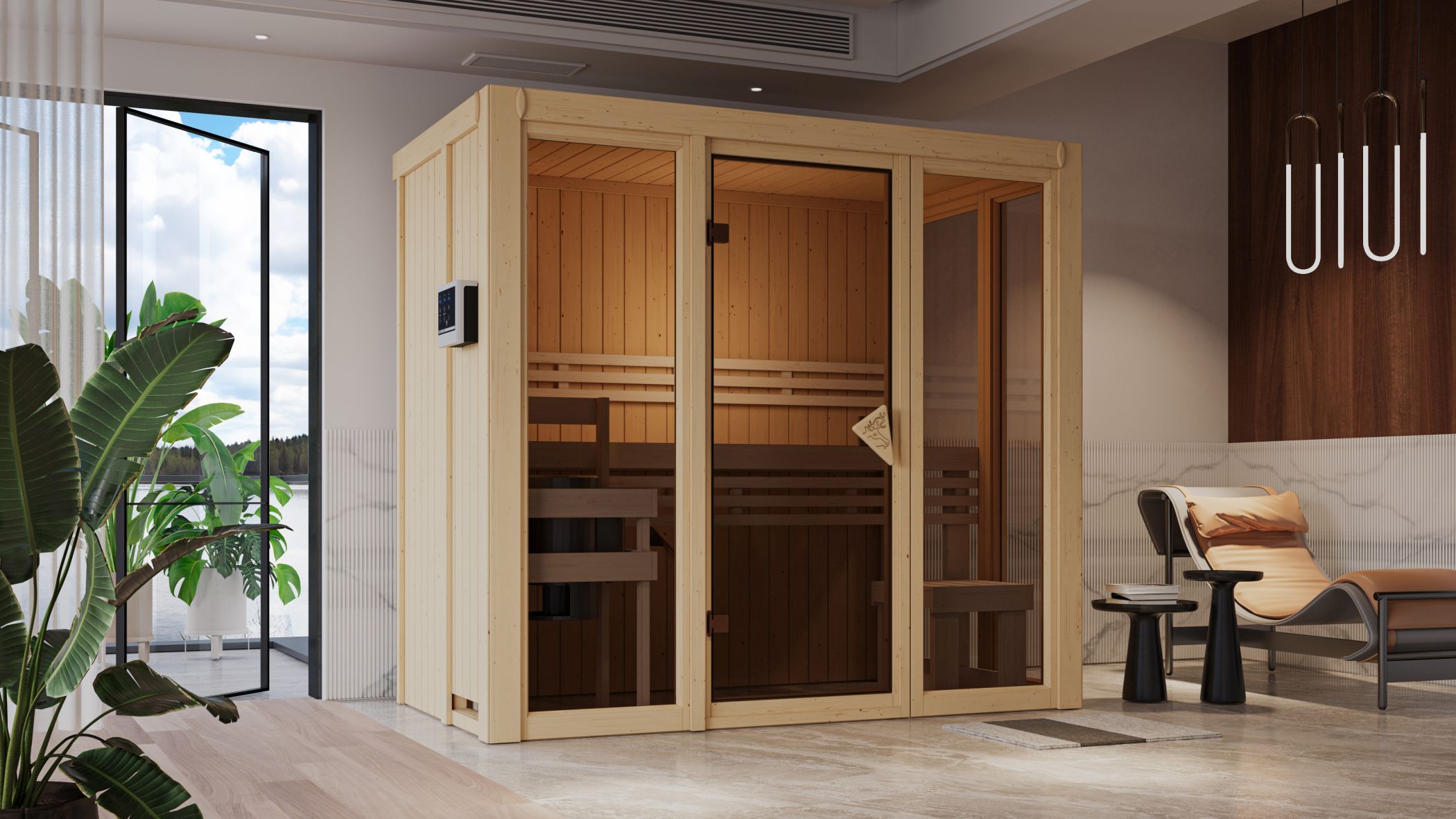 Karibu Sauna Irava 2 als hochwertige Sauna aus nordischer Fichte im Wohnraum-Ambiente