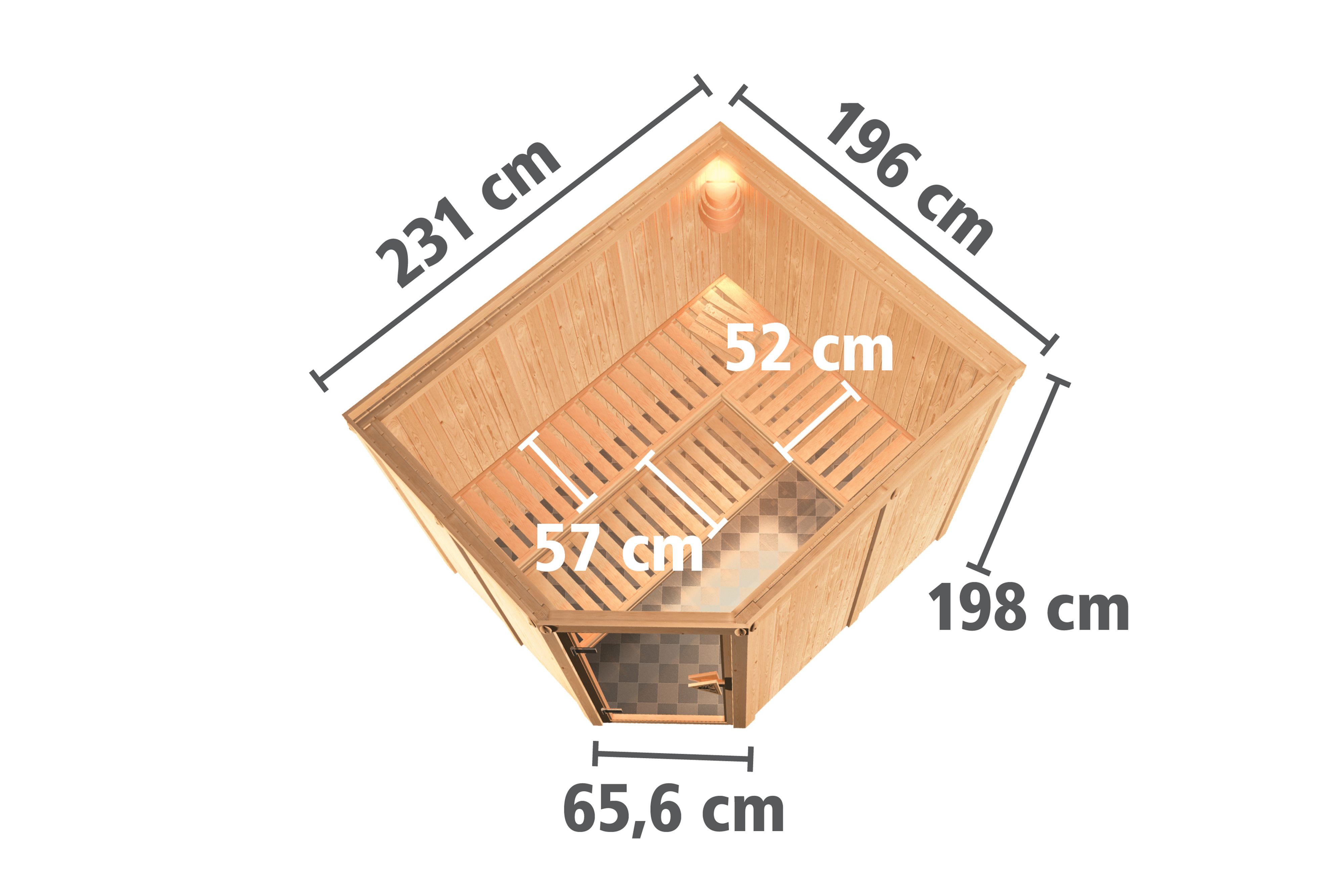 Maßzeichnung der Karibu Sauna Malin mit Außenmaß 231 × 196 cm und Höhe 198 cm