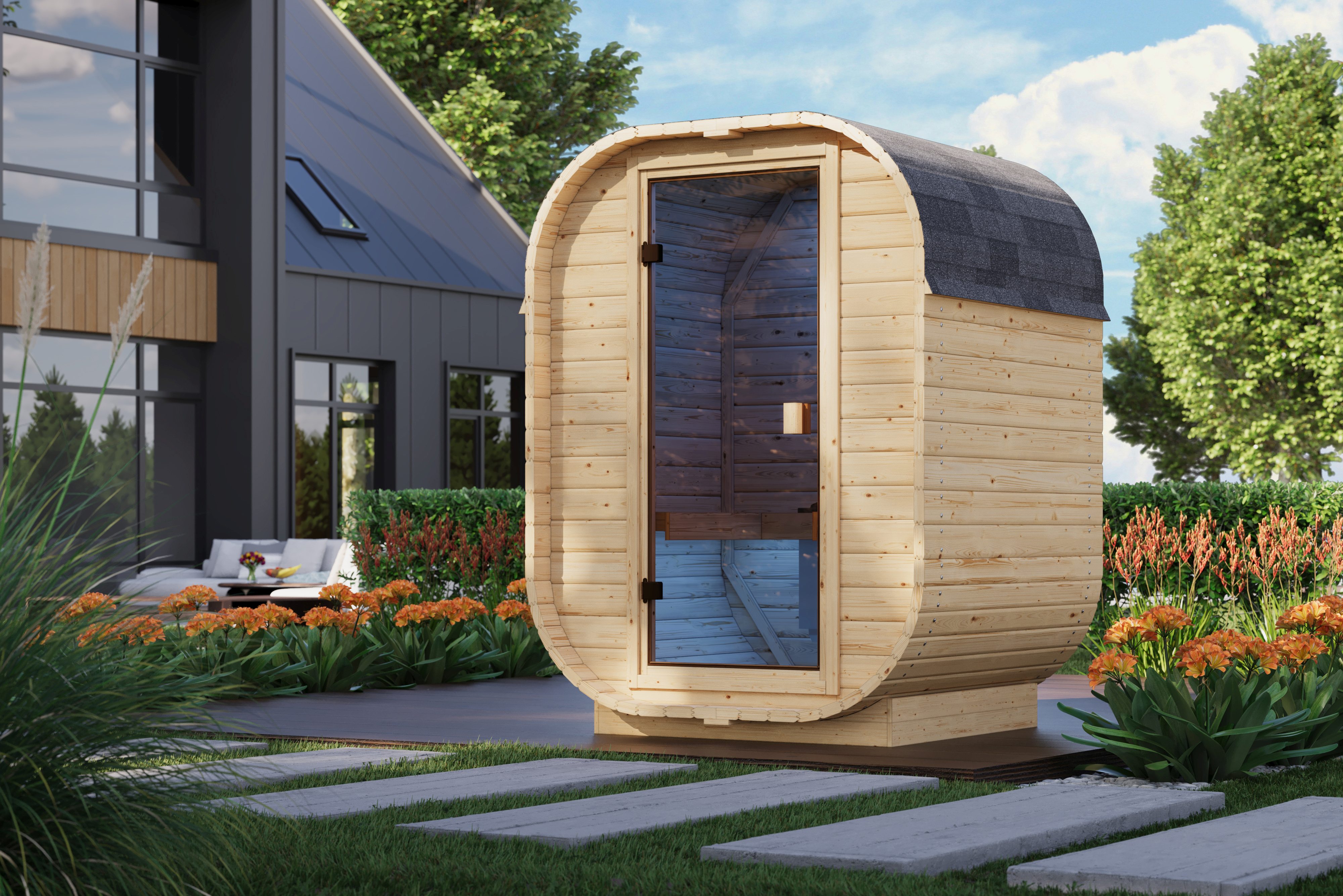 Karibu Fasssauna Quadro Mini Basic als stimmungsvoller Wellnessbereich im Garten aufgebaut