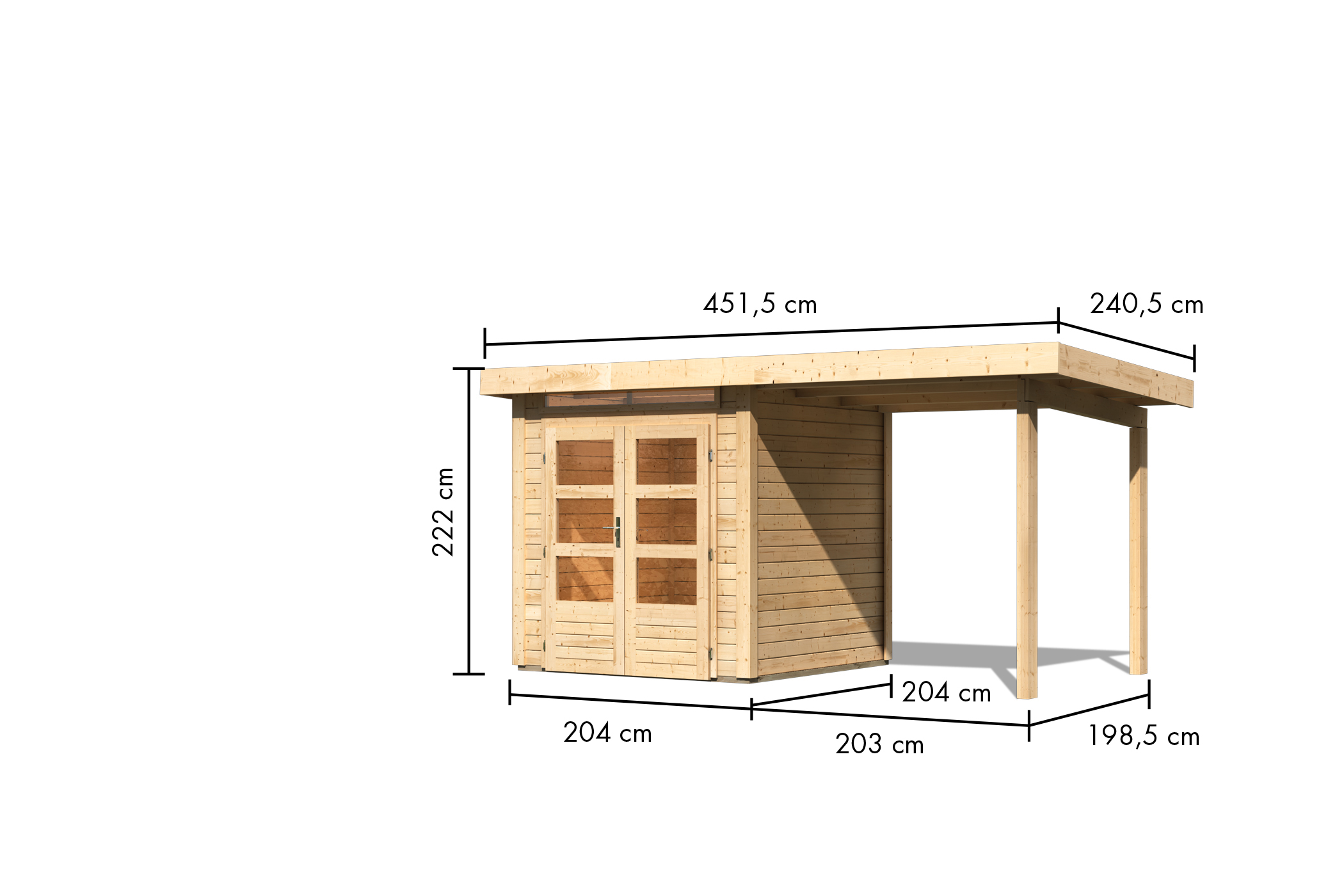 Bemaßte Maßzeichnung des Karibu Gartenhaus Kandern 1 mit Anbaudach, 452 × 232 cm