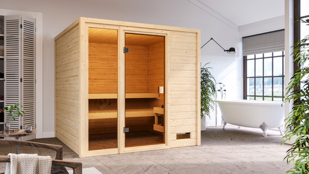 Karibu Sauna Jutta als hochwertige Sauna aus nordischer Fichte im Wohnraum-Ambiente