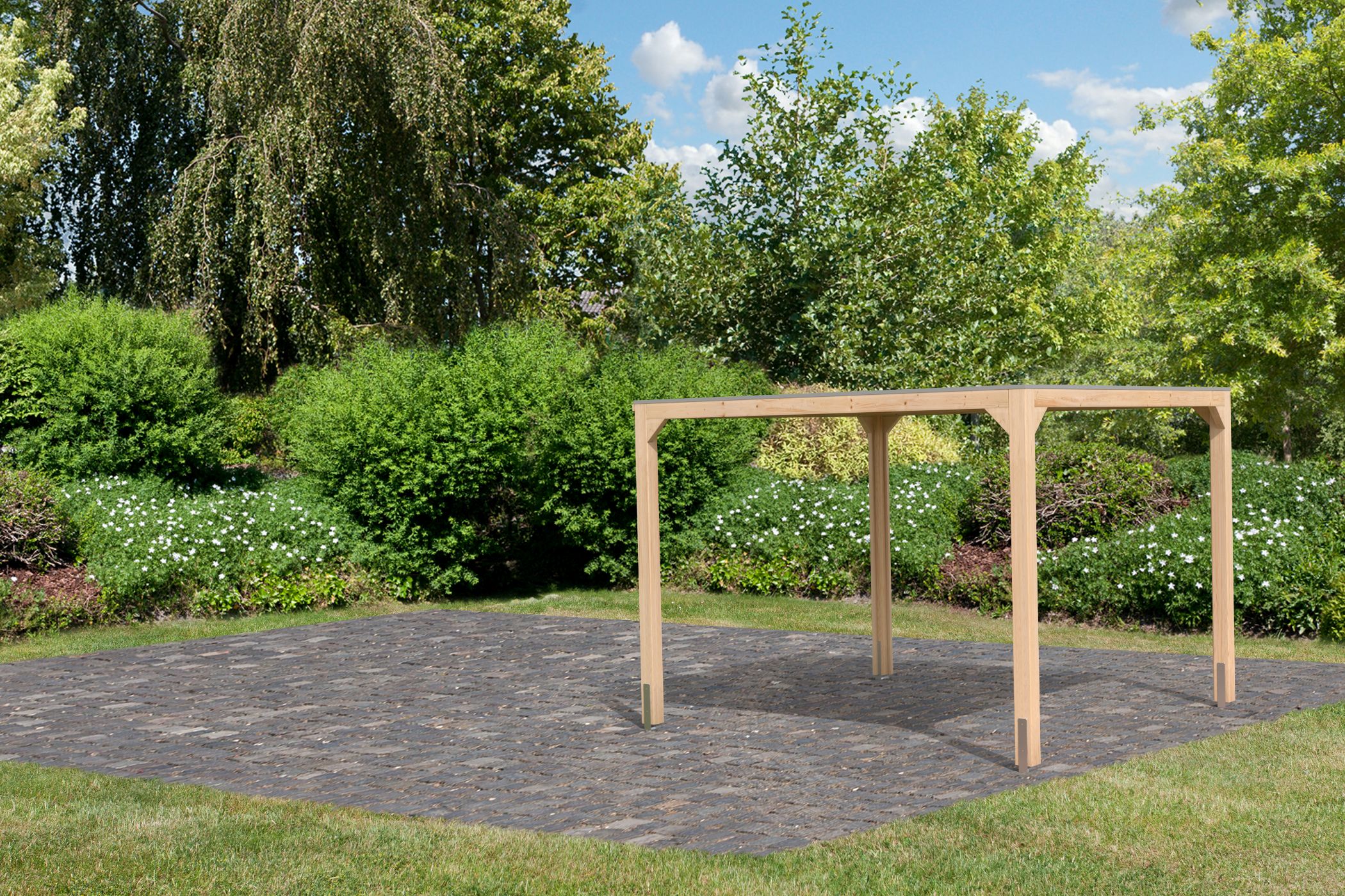 Außenansicht des Karibu Pavillon Cubus aus Leimholz mit Flachdach im Garten aufgebaut