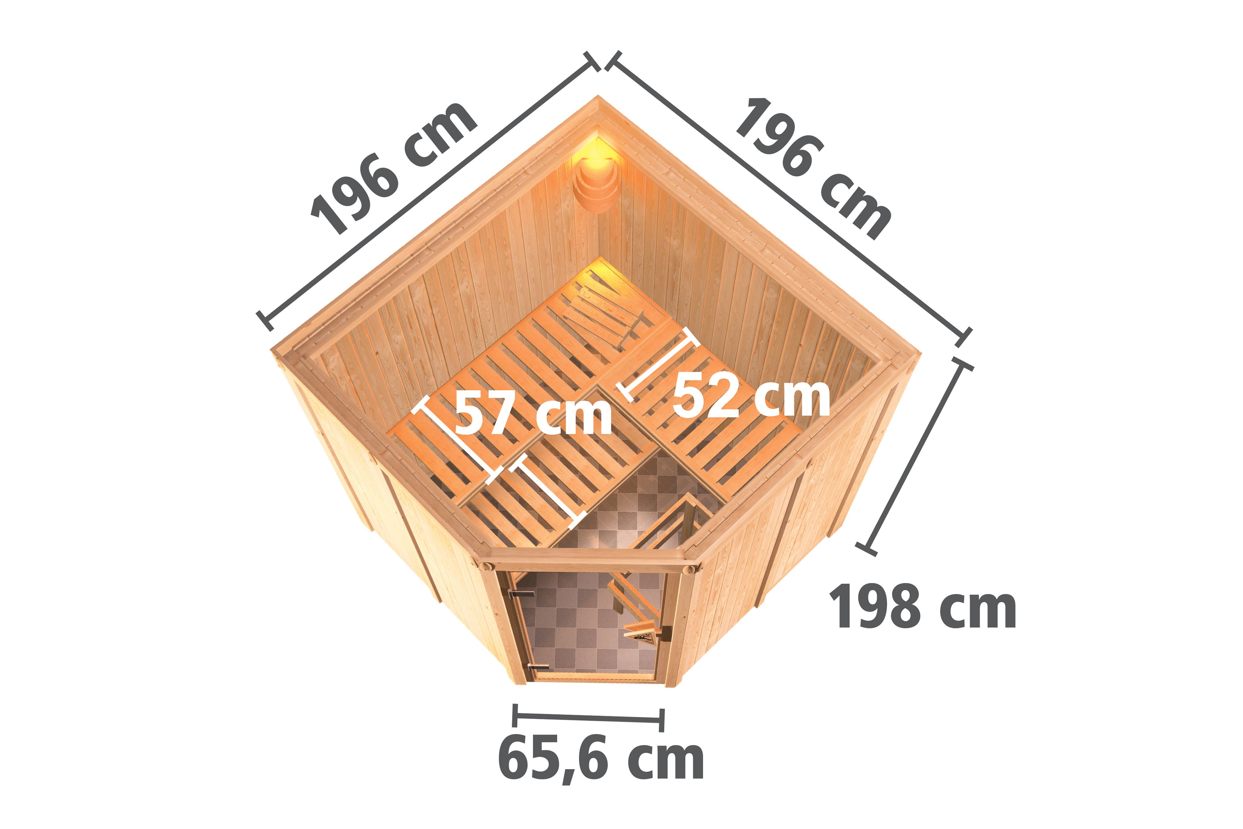 Maßzeichnung der Karibu Sauna Jarin mit Außenmaß 196 × 196 cm und Höhe 198 cm