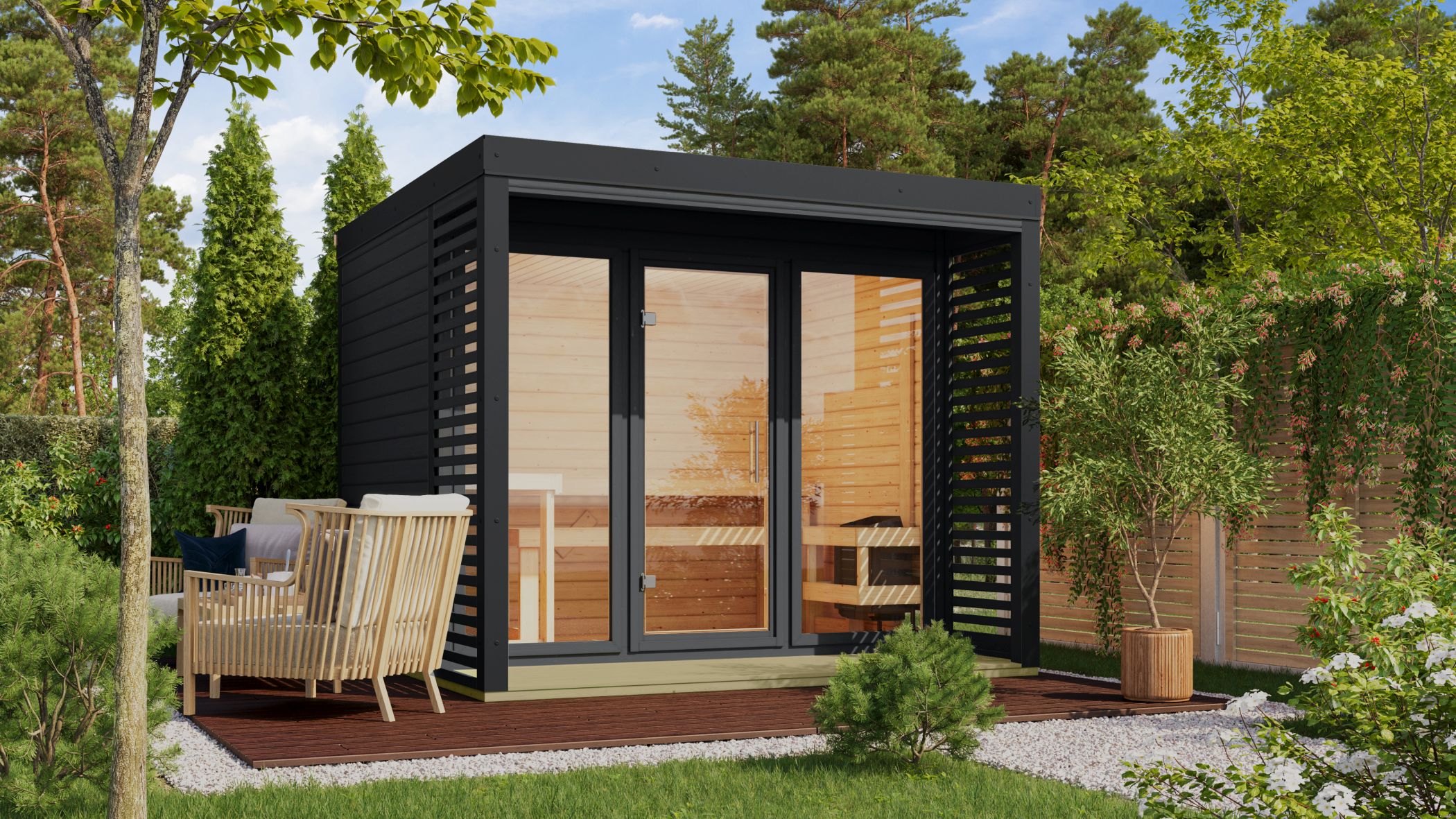 Karibu Saunahaus Ares 3 als Gartensauna aus Massivholz im Garten mit Glasfront