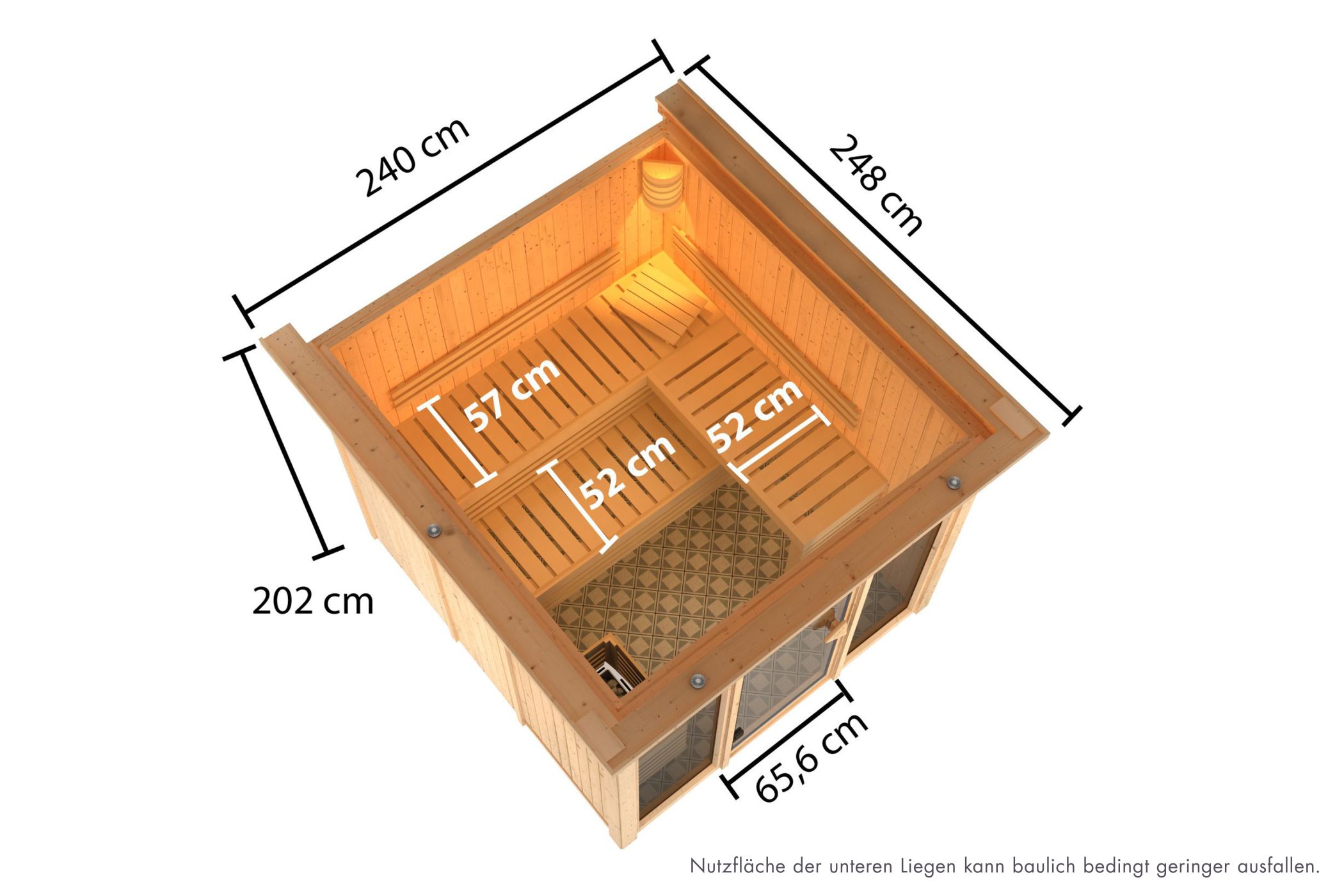 Maßzeichnung der Karibu Sauna Askja mit Außenmaß 240 × 248 cm und Höhe 202 cm