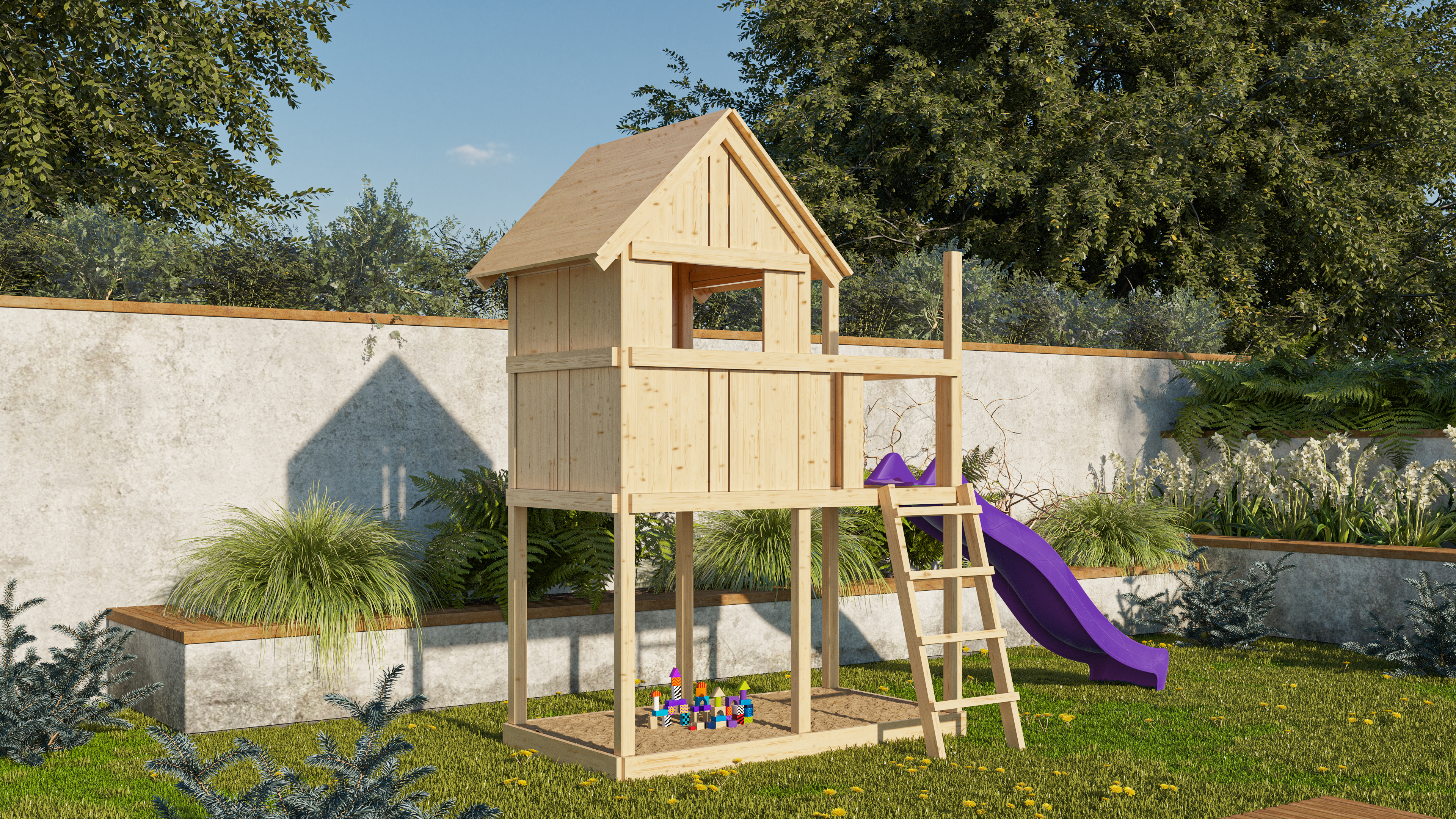 AKUBI Kinderspielhaus Frieda als komplette Spielanlage mit Wellenrutsche und Schaukel im Garten
