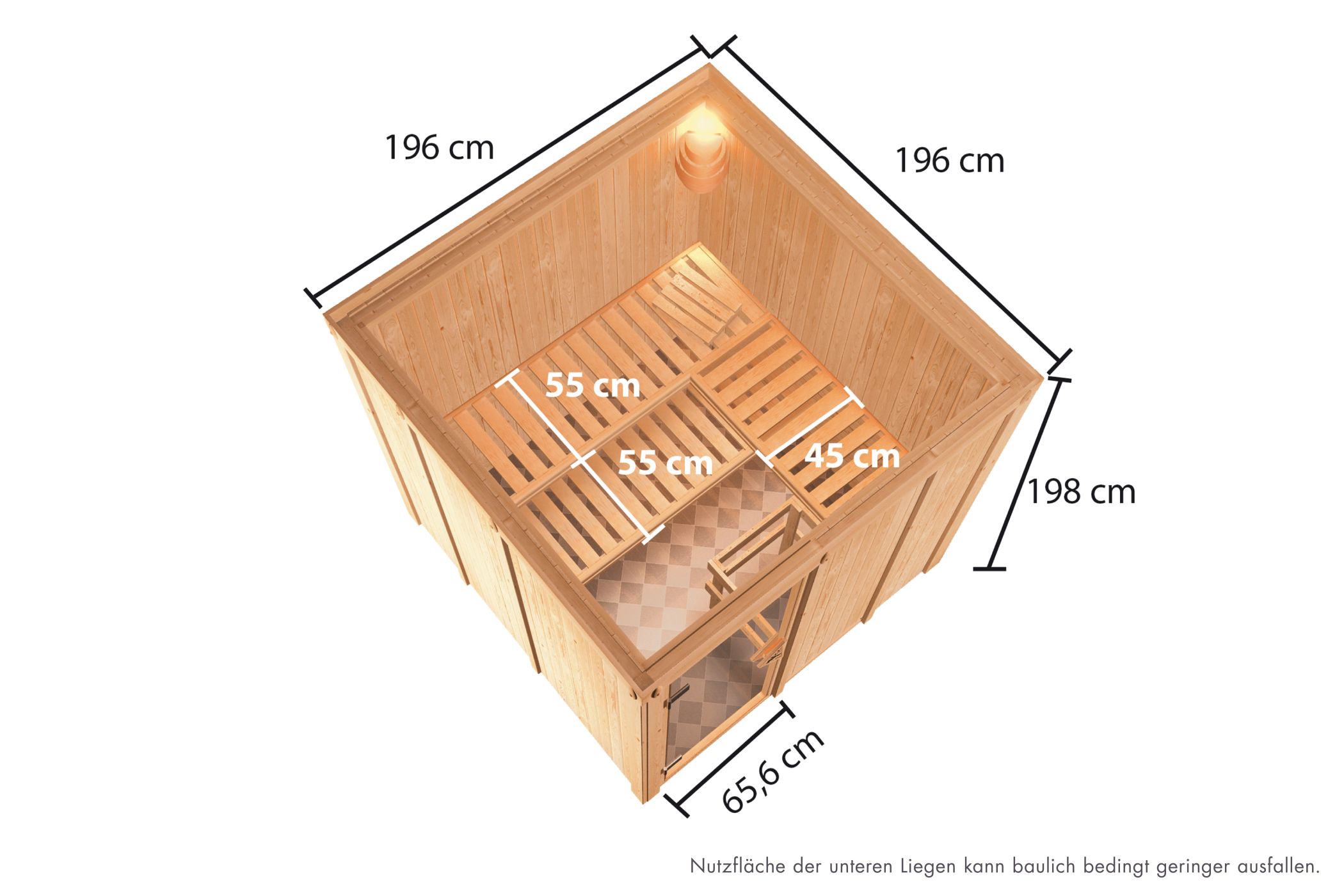 Maßzeichnung der Karibu Sauna Oulu mit Außenmaß 196 × 196 cm und Höhe 198 cm