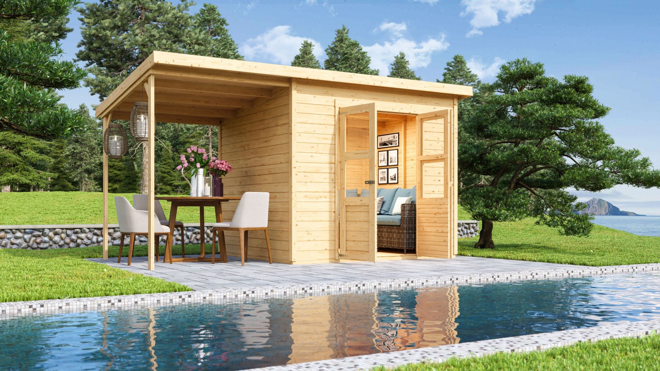 Karibu Gerätehaus Merseburg 5 in Naturbelassen und Anbaudach im Garten