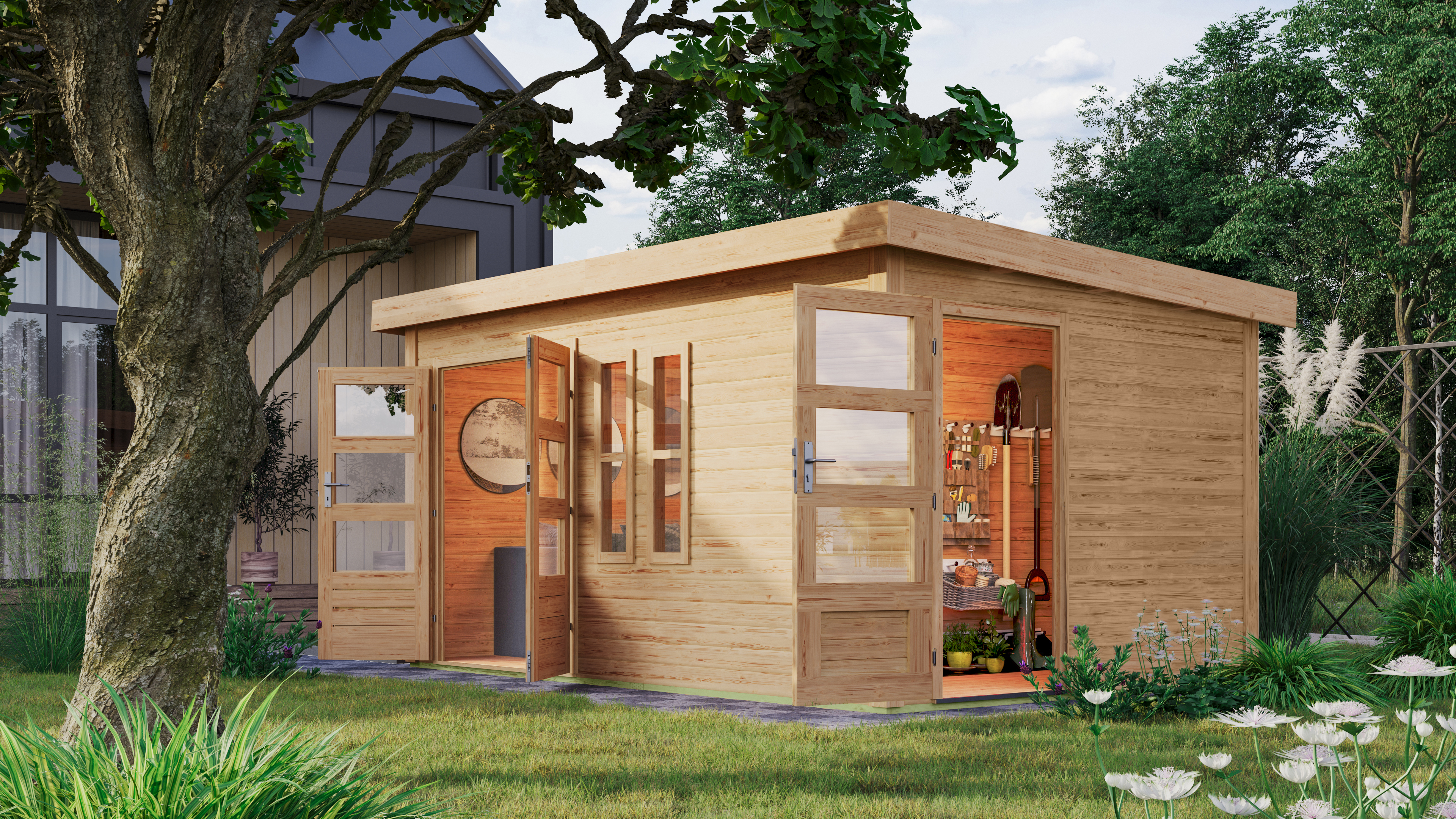 Karibu Gartenhaus Schönbuch 2 mit Anbaudach im Garten
