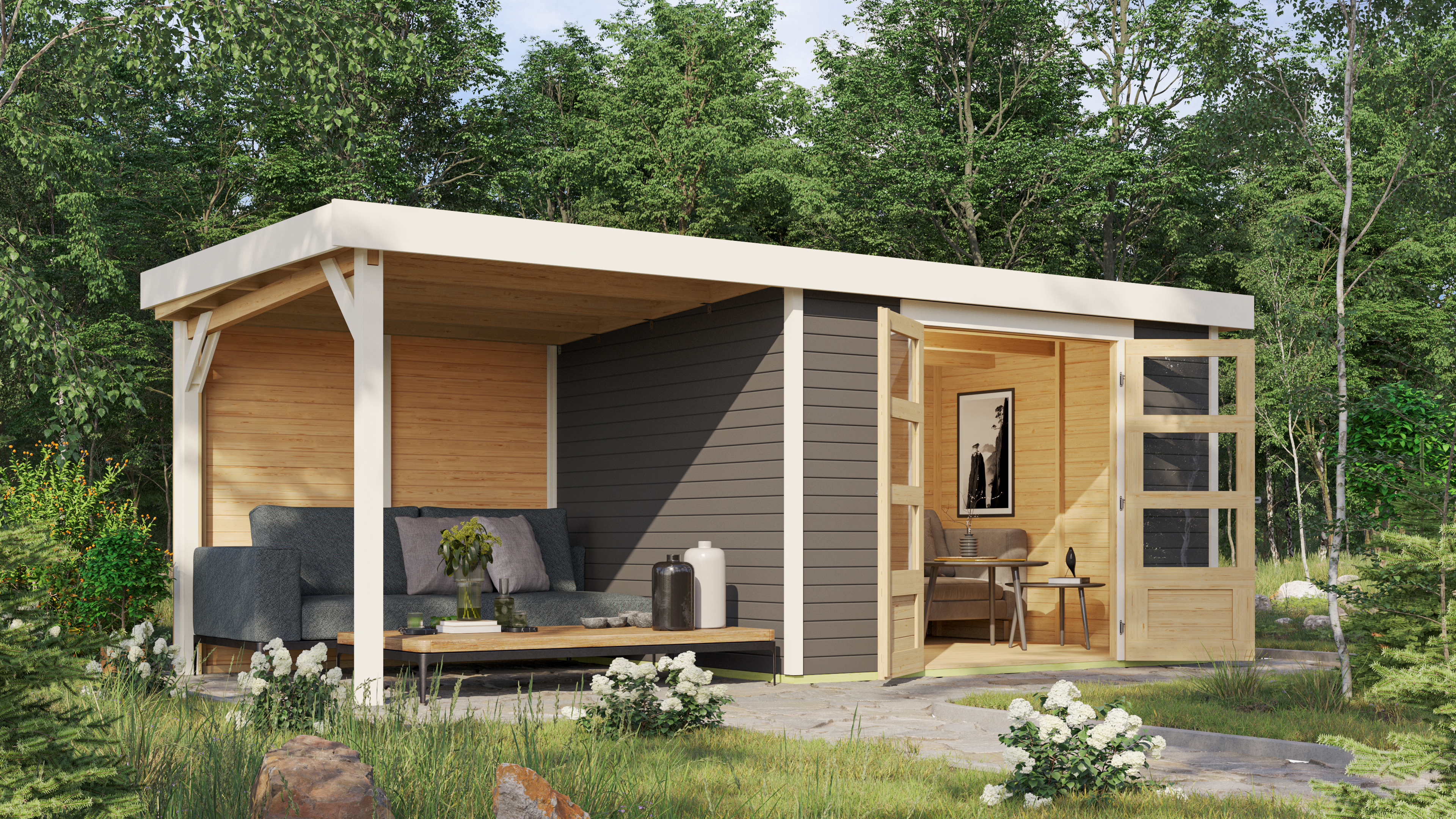 Karibu großes Gerätehaus Askola 5 in Terragrau und Anbaudach im Garten