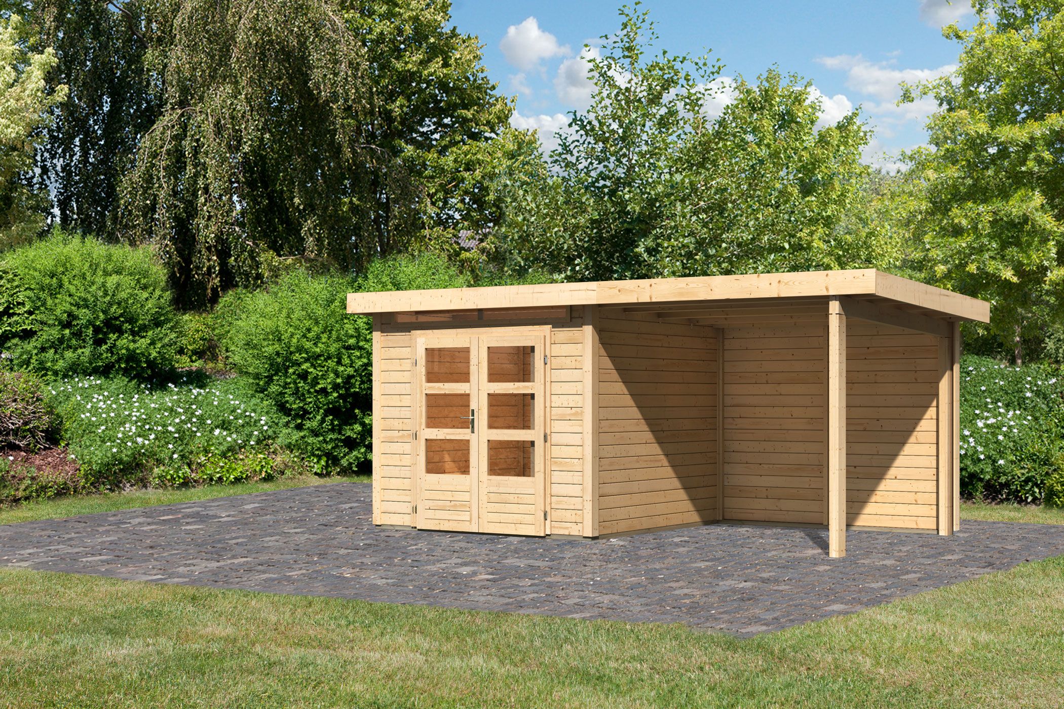 Karibu Gartenhaus Kandern 3 in Naturbelassen und Anbaudach, Außenansicht